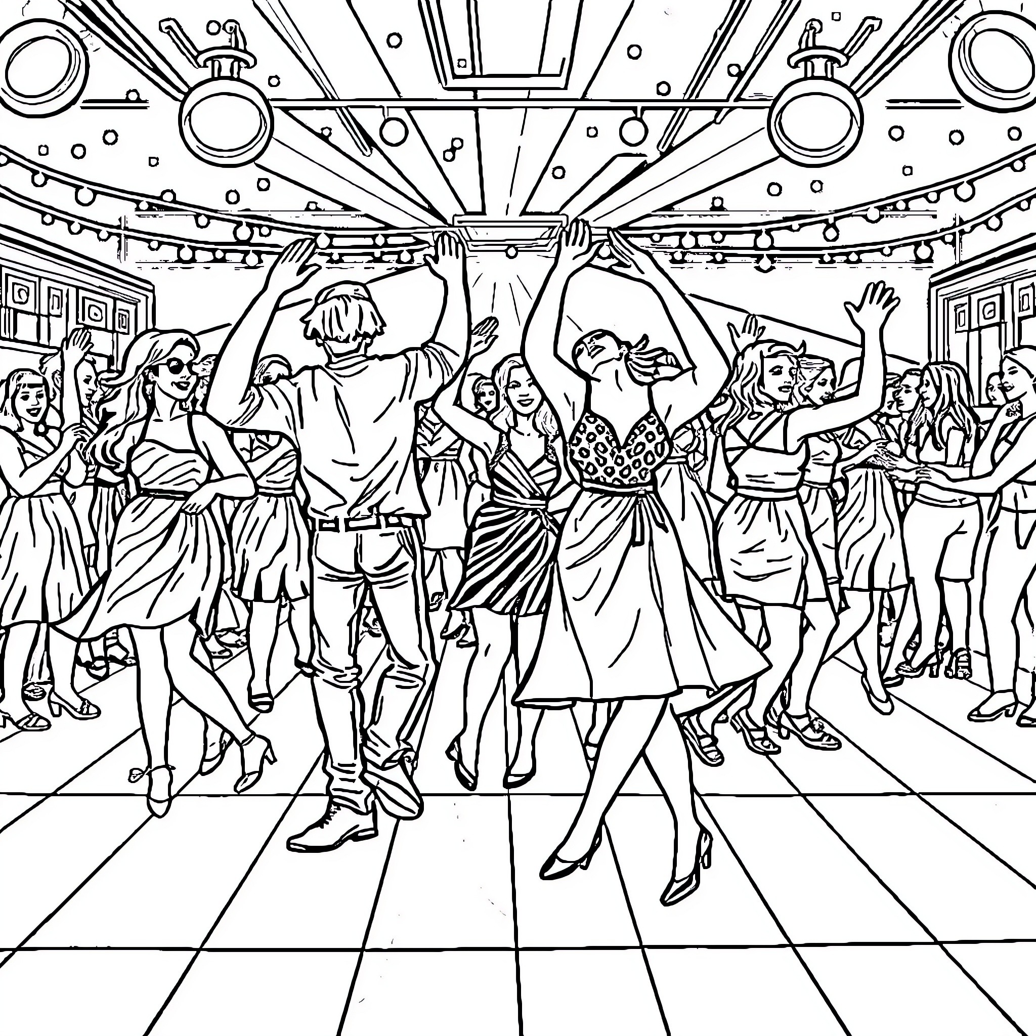 Dance floor celebration with lively figures Coloring Page (free black-and-white line drawing printable PDF for all, from beginners to advanced learners, including children, teens, adults, and seniors)