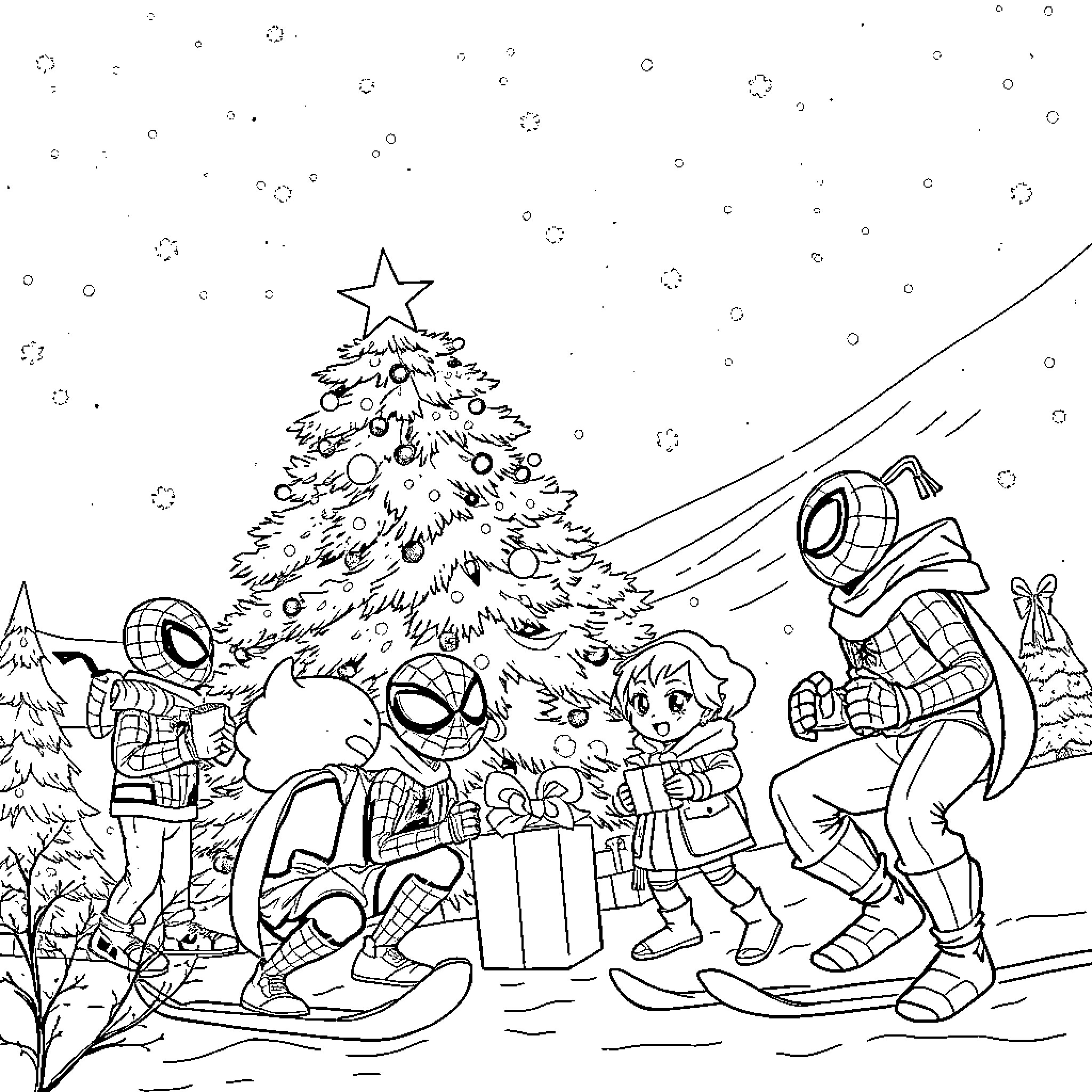 Spider-themed characters celebrating Christmas together Coloring Page (free black-and-white line drawing printable PDF for all, from beginners to advanced learners, including children, teens, adults, and seniors)