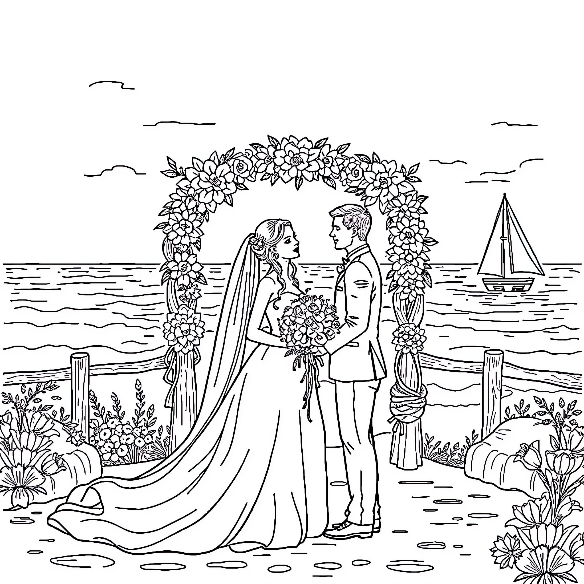 Wedding celebration by the seaside Coloring Page (free black-and-white line drawing printable PDF for all, from beginners to advanced learners, including children, teens, adults, and seniors)