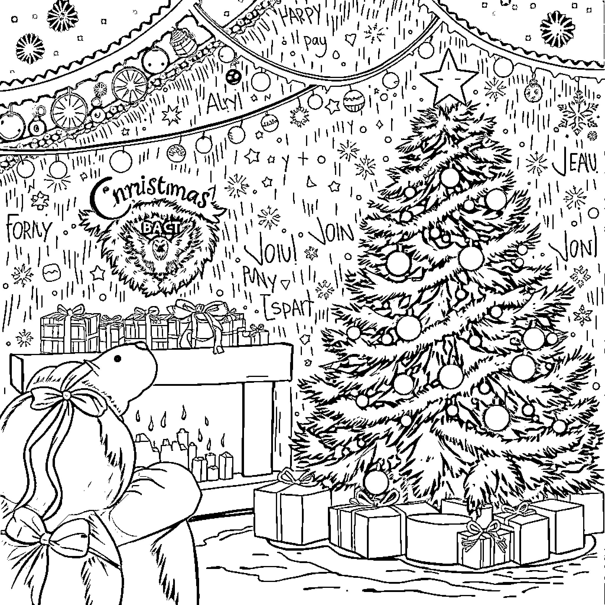 Christmas scene with decorated tree and gifts Coloring Page (free black-and-white line drawing printable PDF for all, from beginners to advanced learners, including children, teens, adults, and seniors)