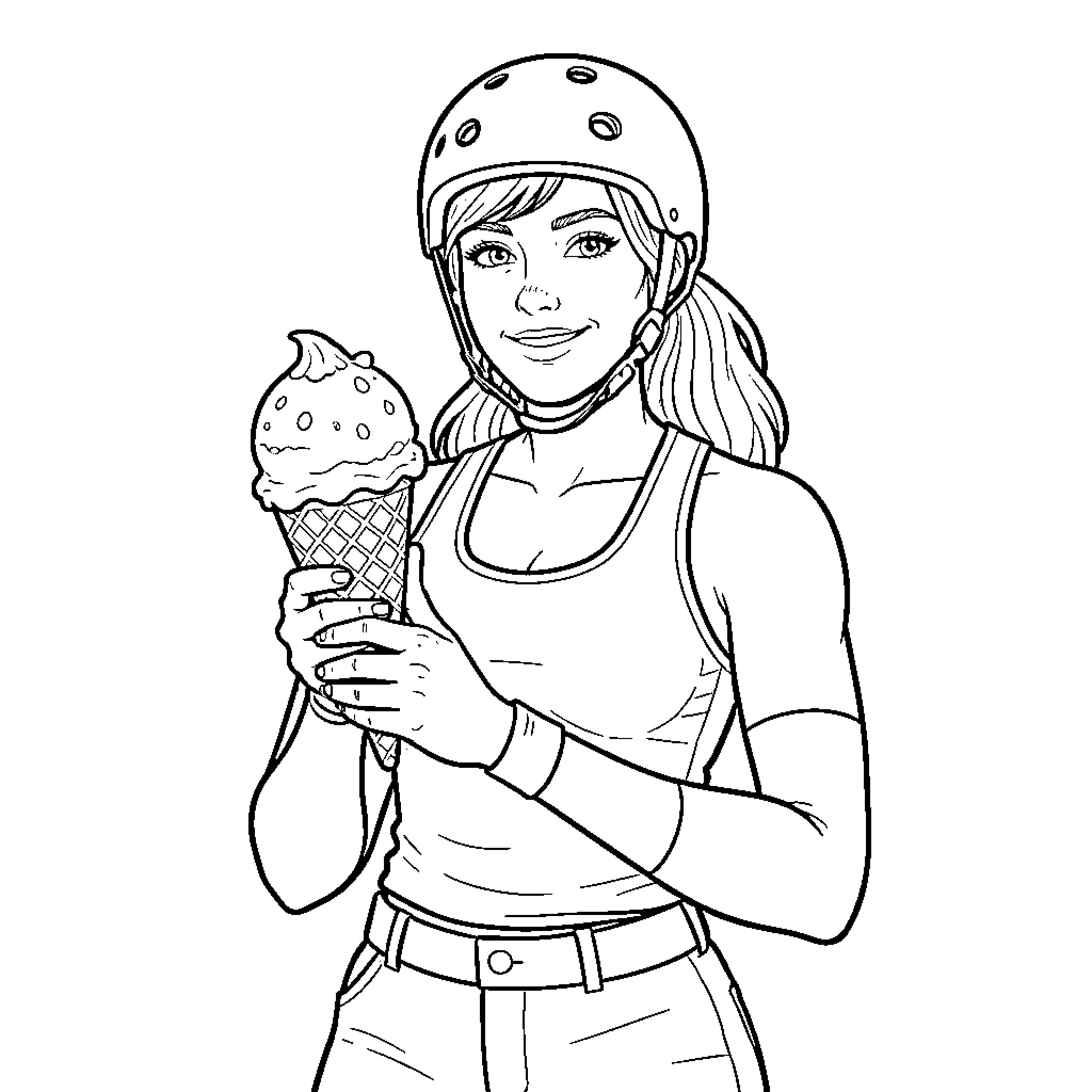 Roller Derby Girl smiling while holding an ice cream cone Coloring Page (free black-and-white line drawing printable PDF for all, from beginners to advanced learners, including children, teens, adults, and seniors)