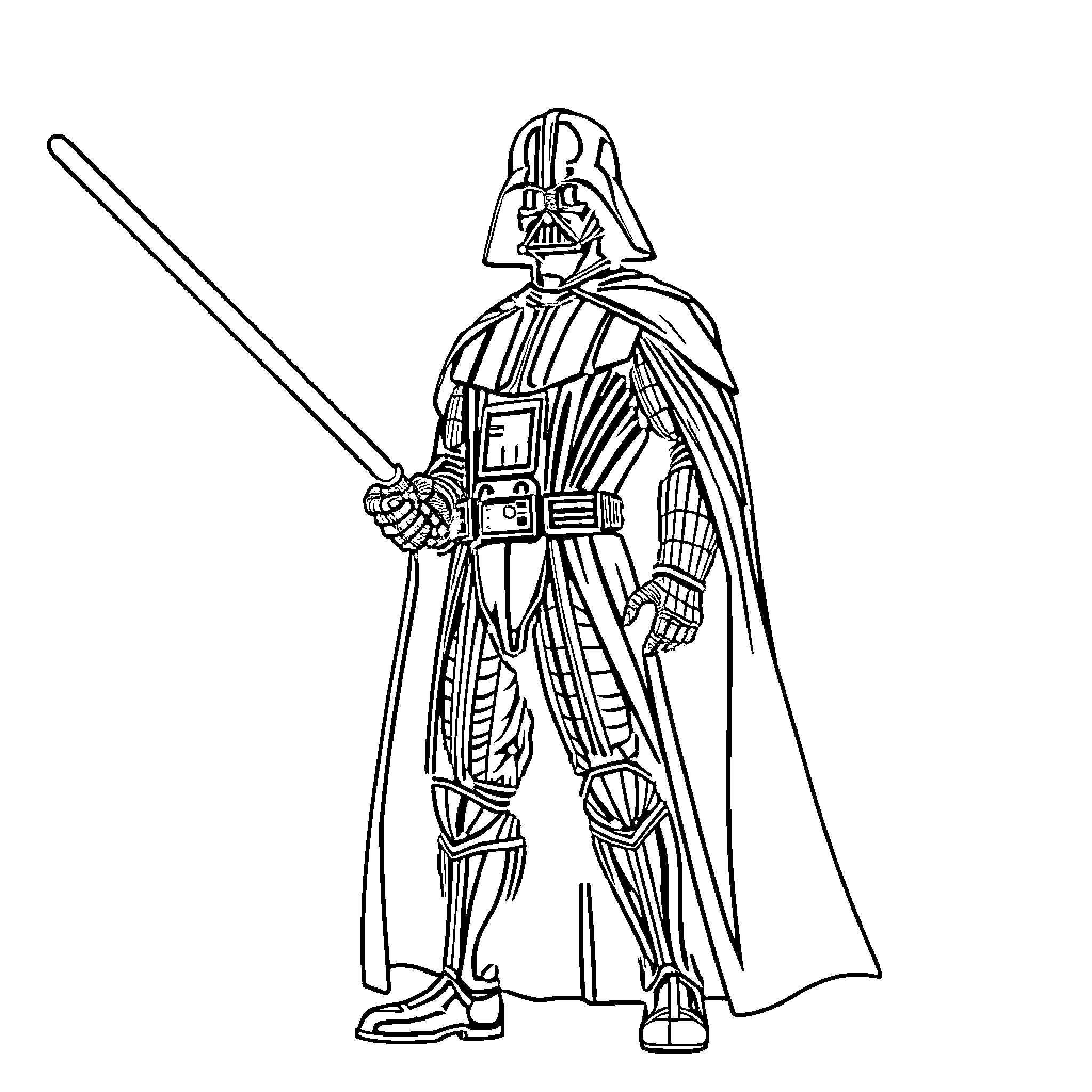 Darth Vader wielding his iconic lightsaber Coloring Page (free black-and-white line drawing printable PDF for all, from beginners to advanced learners, including children, teens, adults, and seniors)