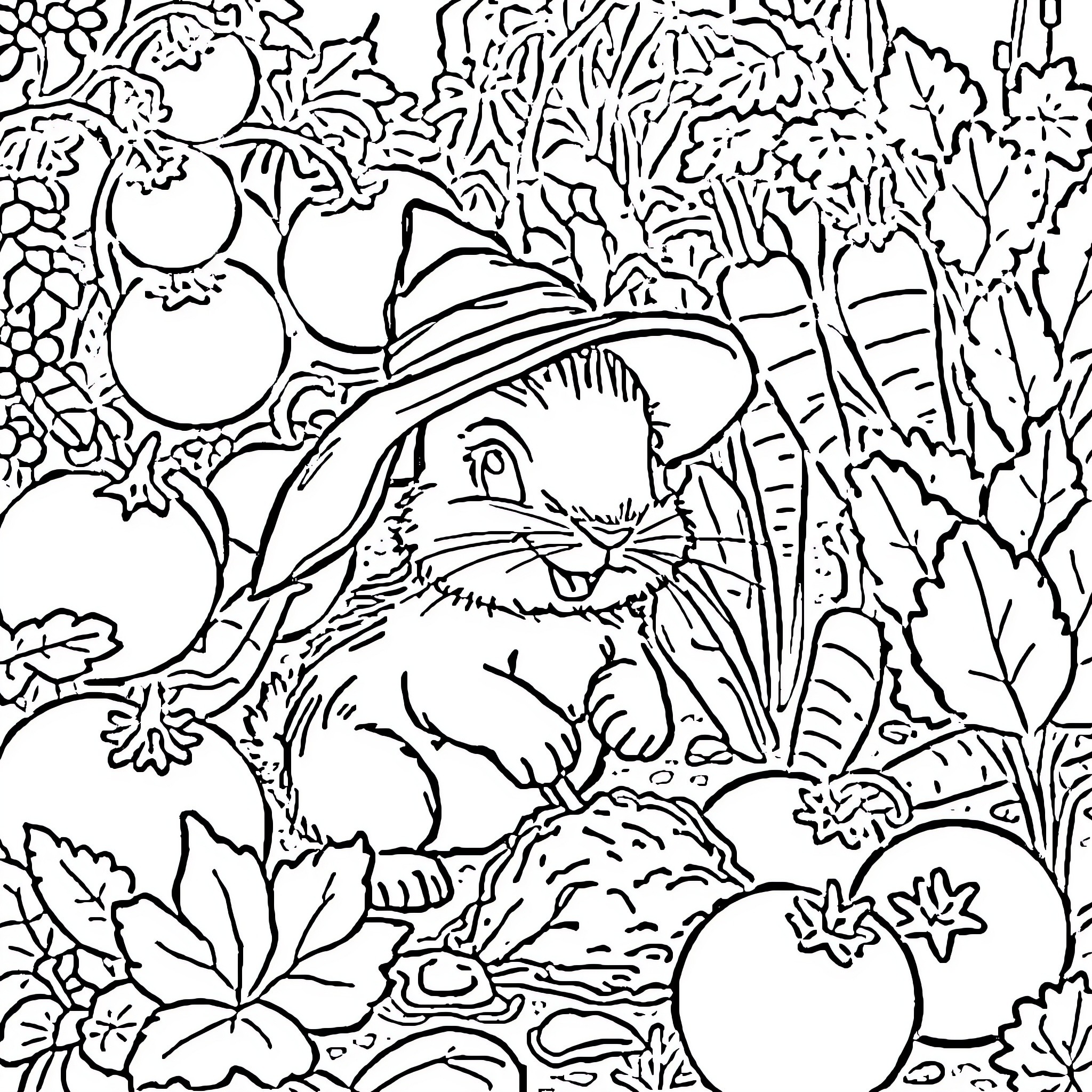 Rabbit enjoying a garden of fruits and flowers Coloring Page (free black-and-white line drawing printable PDF for all, from beginners to advanced learners, including children, teens, adults, and seniors)