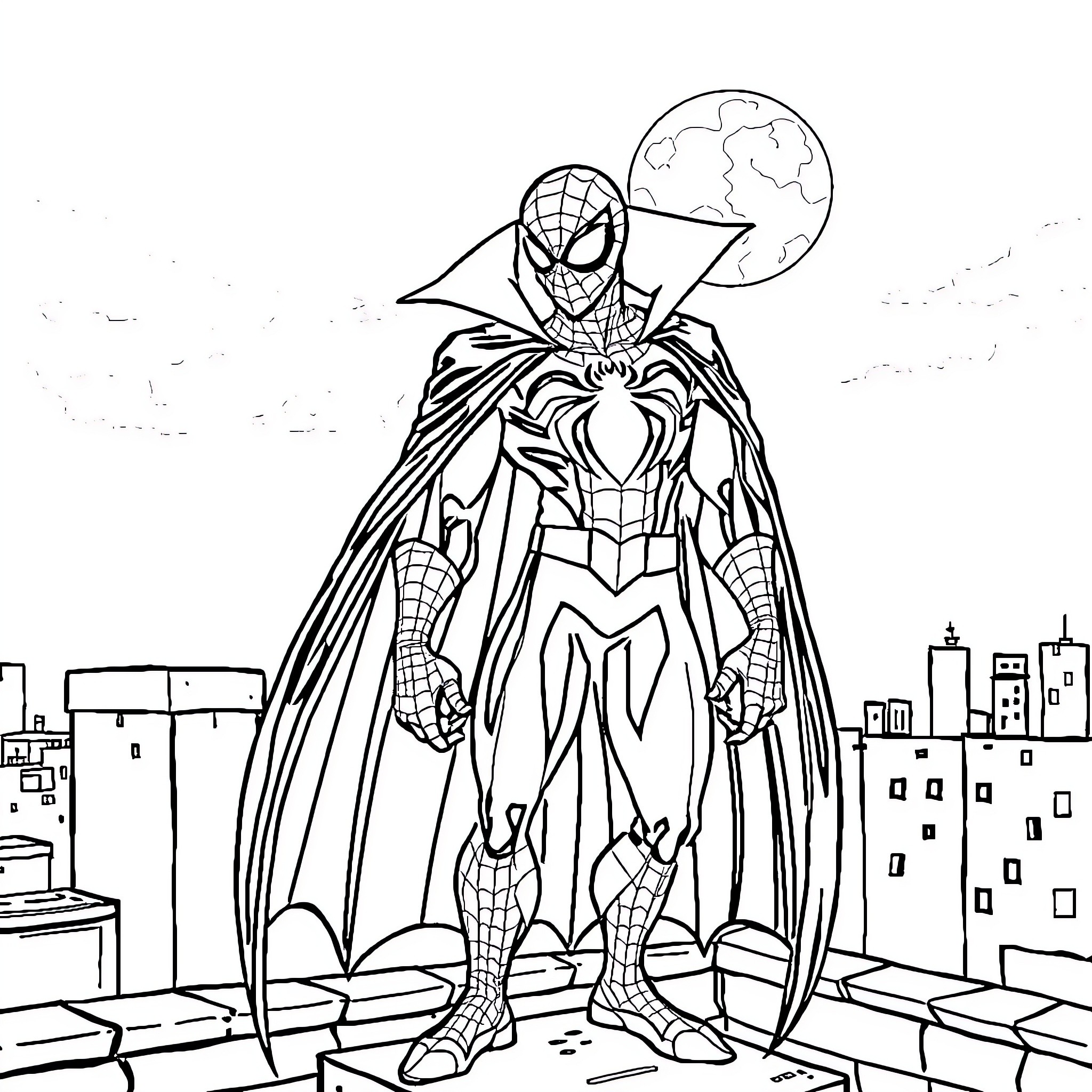 Spider-Man heroic stance in the city Coloring Page (free black-and-white line drawing printable PDF for all, from beginners to advanced learners, including children, teens, adults, and seniors)