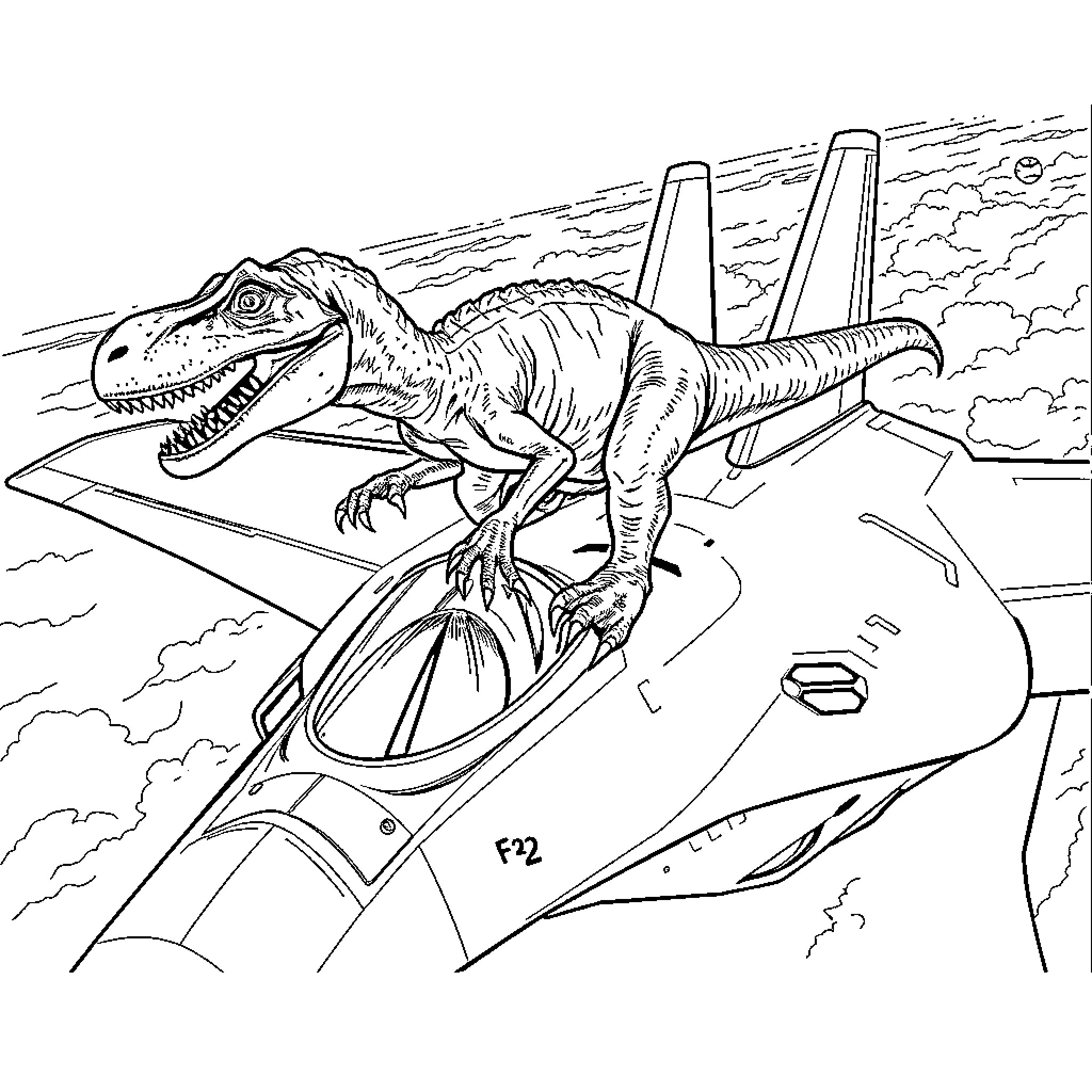 Velociraptor attacking a futuristic vehicle Coloring Page (free black-and-white line drawing printable PDF for all, from beginners to advanced learners, including children, teens, adults, and seniors)