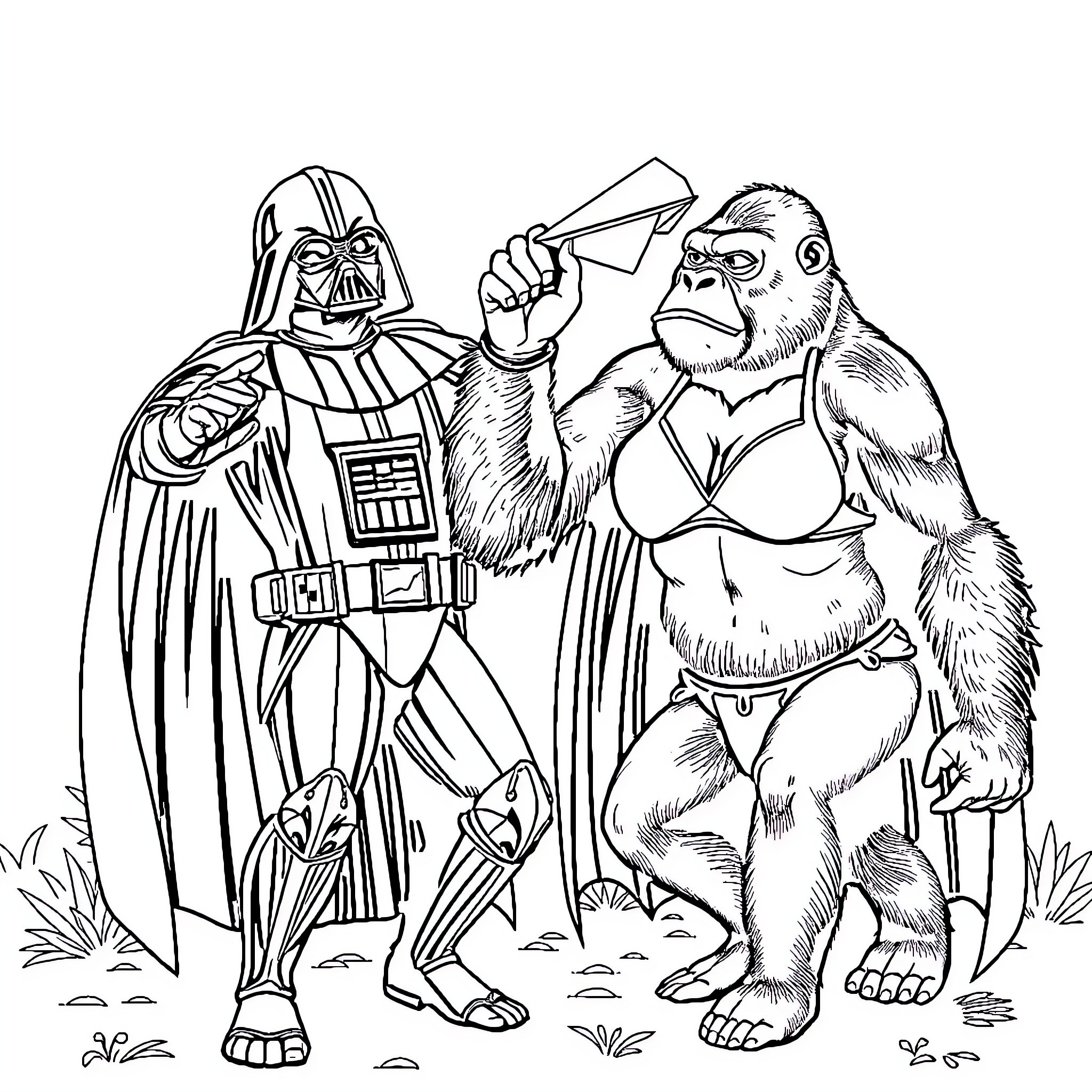 Darth Vader confronting a giant ape creature Coloring Page (free black-and-white line drawing printable PDF for all, from beginners to advanced learners, including children, teens, adults, and seniors)
