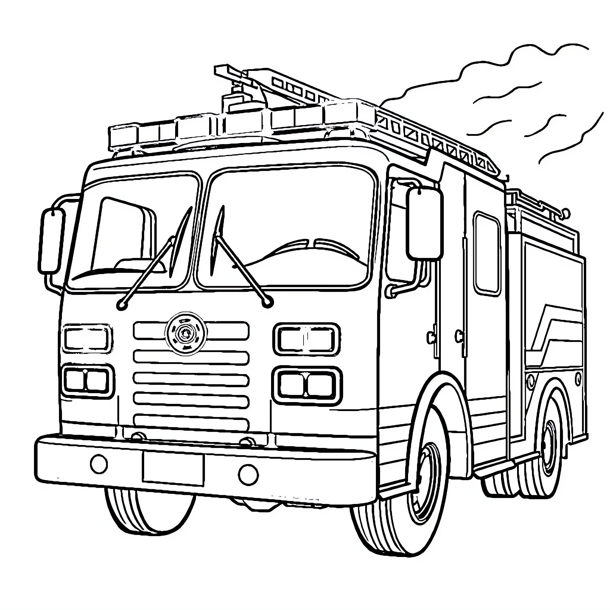 Firetruck with emergency equipment and sirens Coloring Page (free black-and-white line drawing printable PDF for all, from beginners to advanced learners, including children, teens, adults, and seniors)