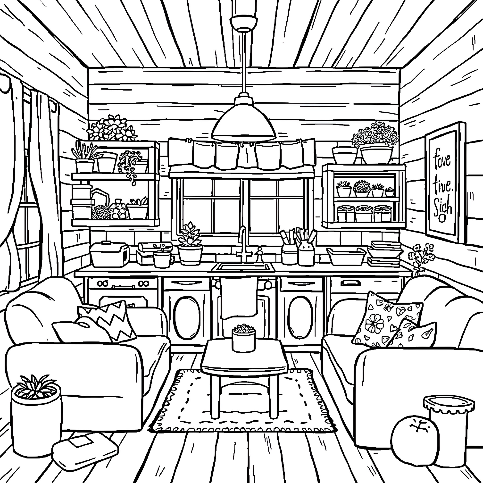 Kitchen Cozy Nook with Decor and Furnishings Coloring Page (free black-and-white line drawing printable PDF for all, from beginners to advanced learners, including children, teens, adults, and seniors)