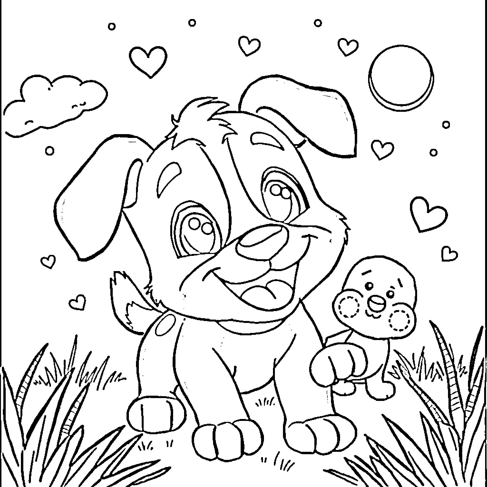 Bluey playing with puppies in the park Coloring Page (free black-and-white line drawing printable PDF for all, from beginners to advanced learners, including children, teens, adults, and seniors)
