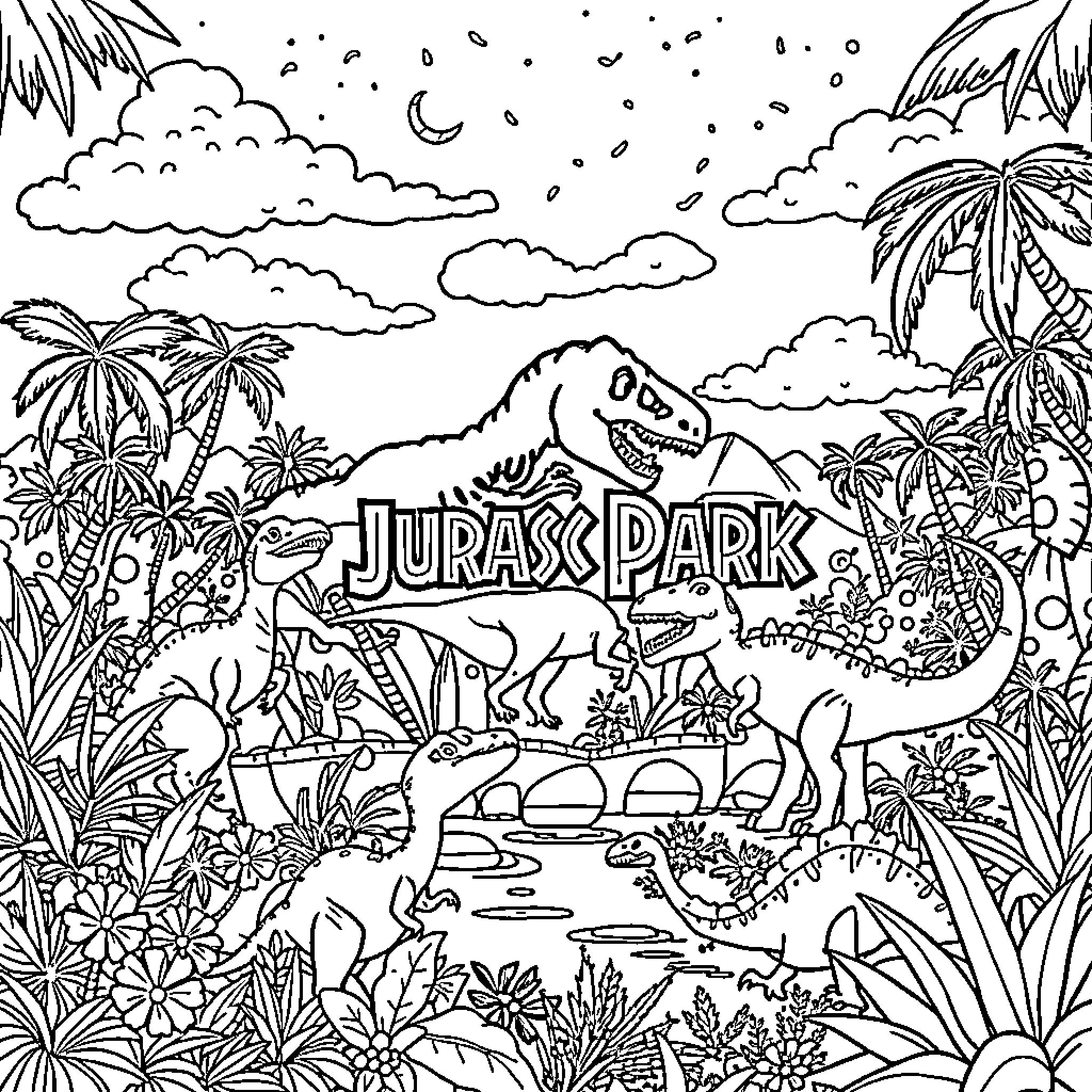 Jurassic Park: Prehistoric Creatures in Tropical Landscape Coloring Page (free black-and-white line drawing printable PDF for all, from beginners to advanced learners, including children, teens, adults, and seniors)