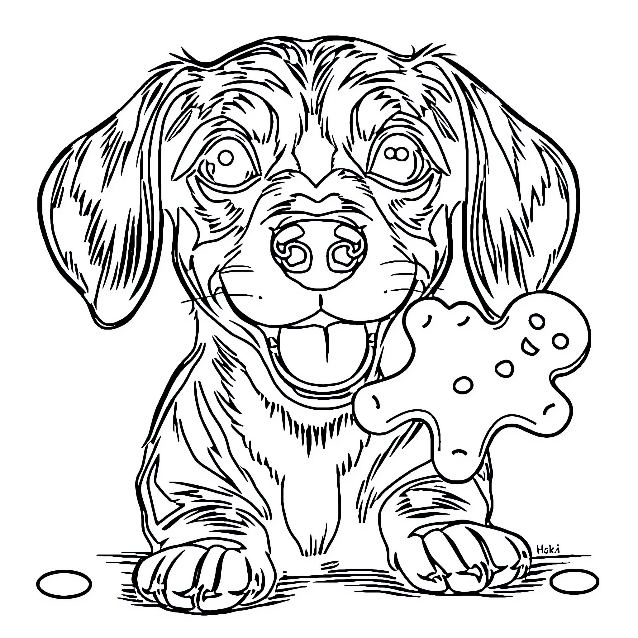 Dachshund happily chewing on a treat Coloring Page (free black-and-white line drawing printable PDF for all, from beginners to advanced learners, including children, teens, adults, and seniors)