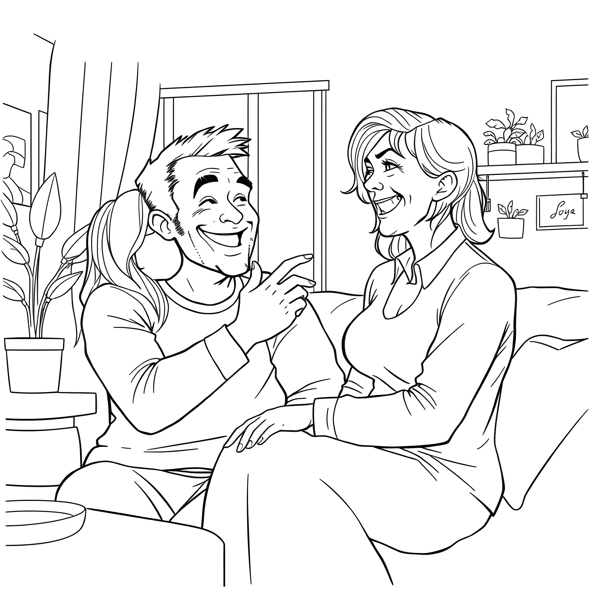 Husband and wife enjoying quality time at home Coloring Page (free black-and-white line drawing printable PDF for all, from beginners to advanced learners, including children, teens, adults, and seniors)