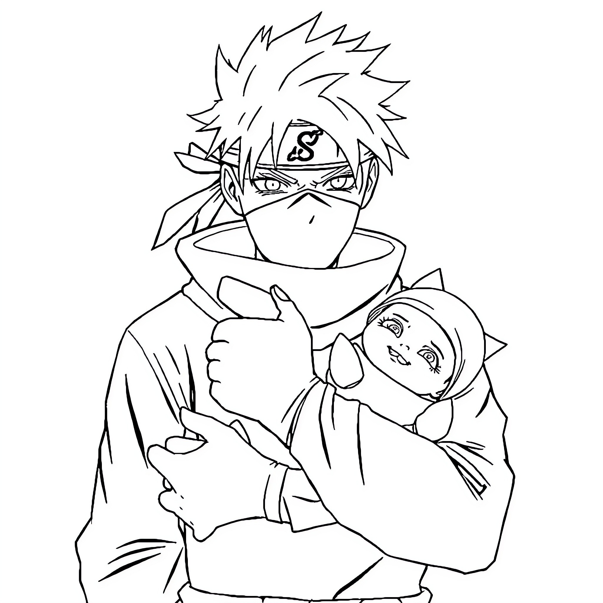 Minato carrying baby with determination Coloring Page (free black-and-white line drawing printable PDF for all, from beginners to advanced learners, including children, teens, adults, and seniors)