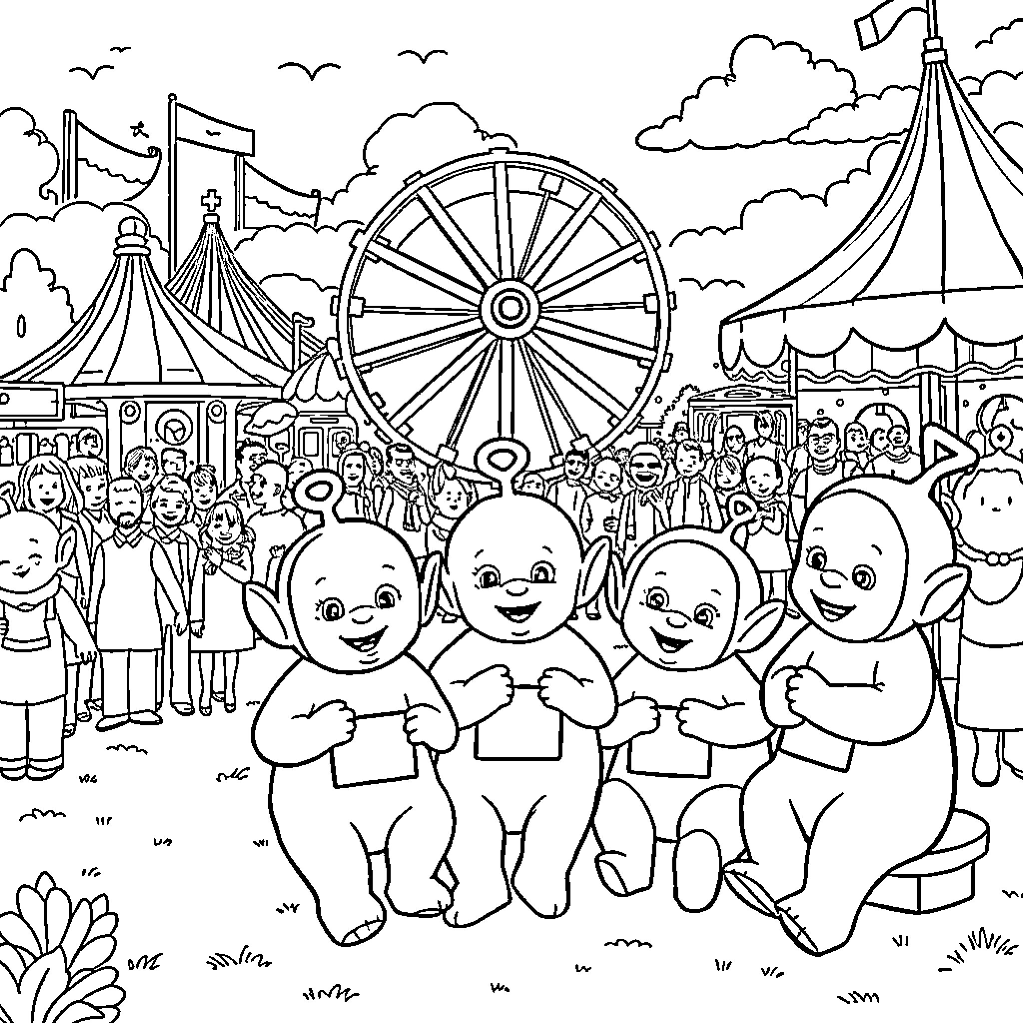 Teletubby characters enjoying a festive carnival scene Coloring Page (free black-and-white line drawing printable PDF for all, from beginners to advanced learners, including children, teens, adults, and seniors)
