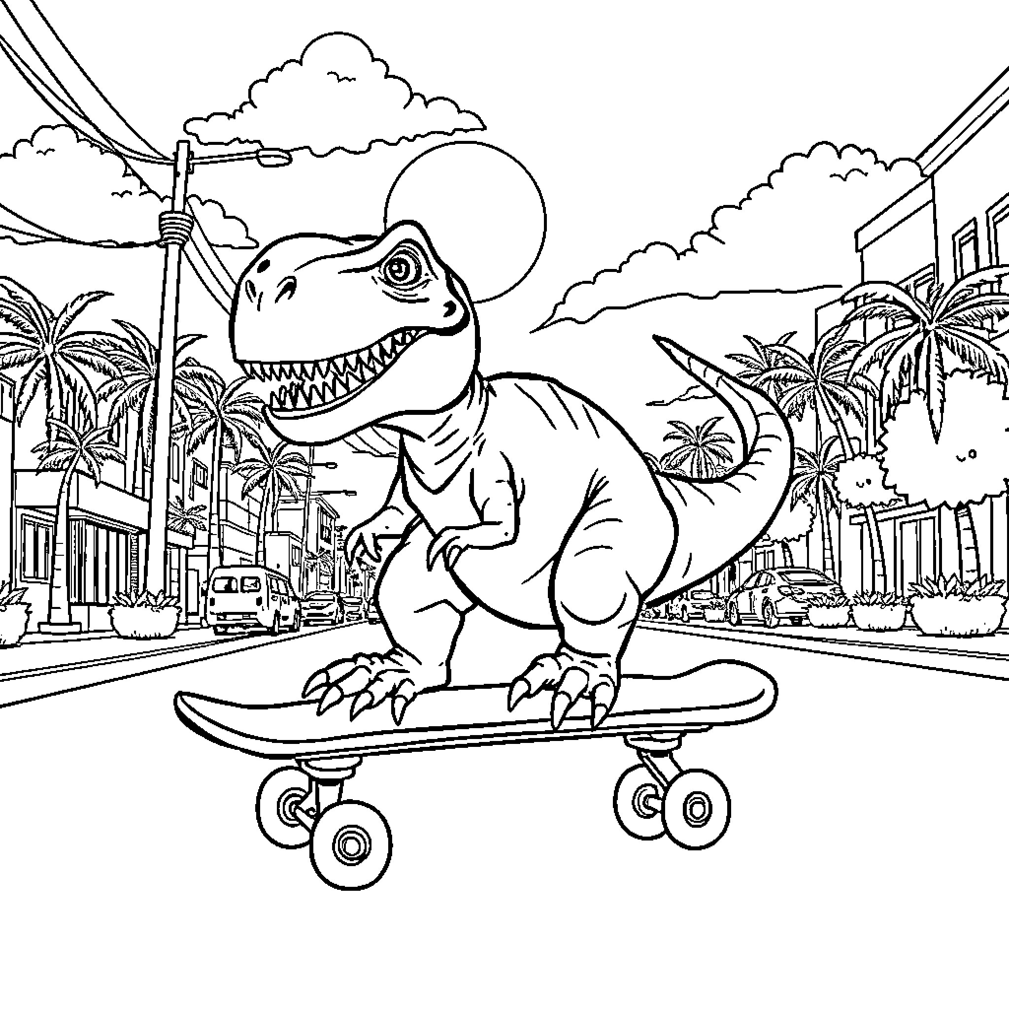 T-Rex Skateboarding in the City Coloring Page (free black-and-white line drawing printable PDF for all, from beginners to advanced learners, including children, teens, adults, and seniors)