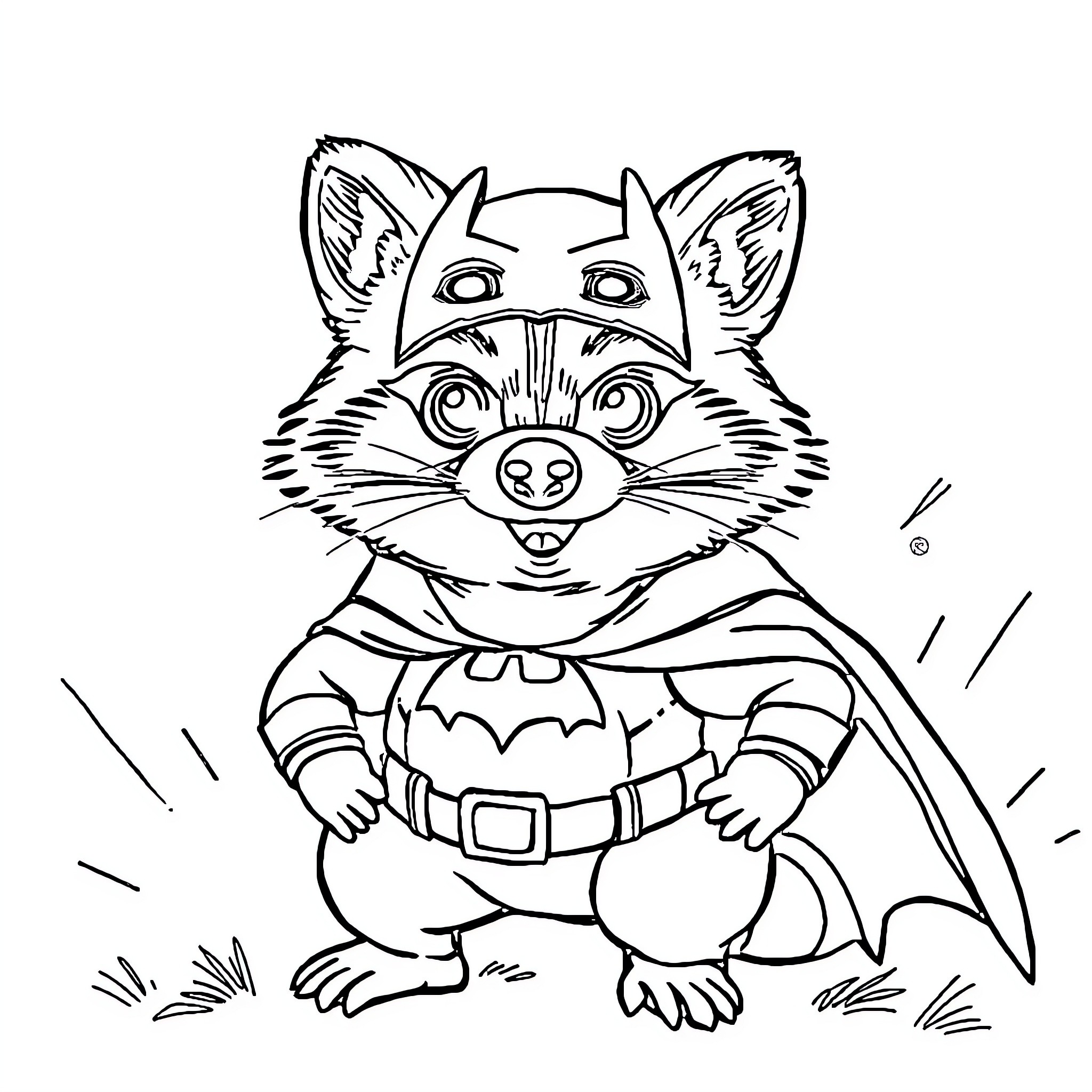 Raccoon superhero in costume Coloring Page (free black-and-white line drawing printable PDF for all, from beginners to advanced learners, including children, teens, adults, and seniors)