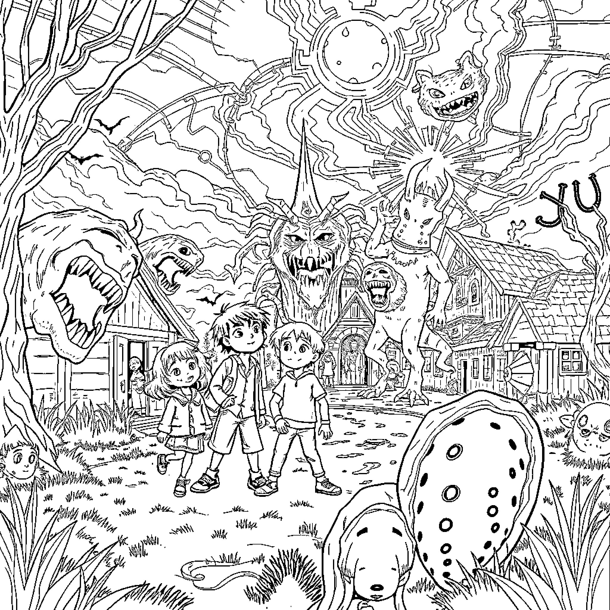 Stranger Things: Eerie Encounters and Surreal Scenes Coloring Page (free black-and-white line drawing printable PDF for all, from beginners to advanced learners, including children, teens, adults, and seniors)
