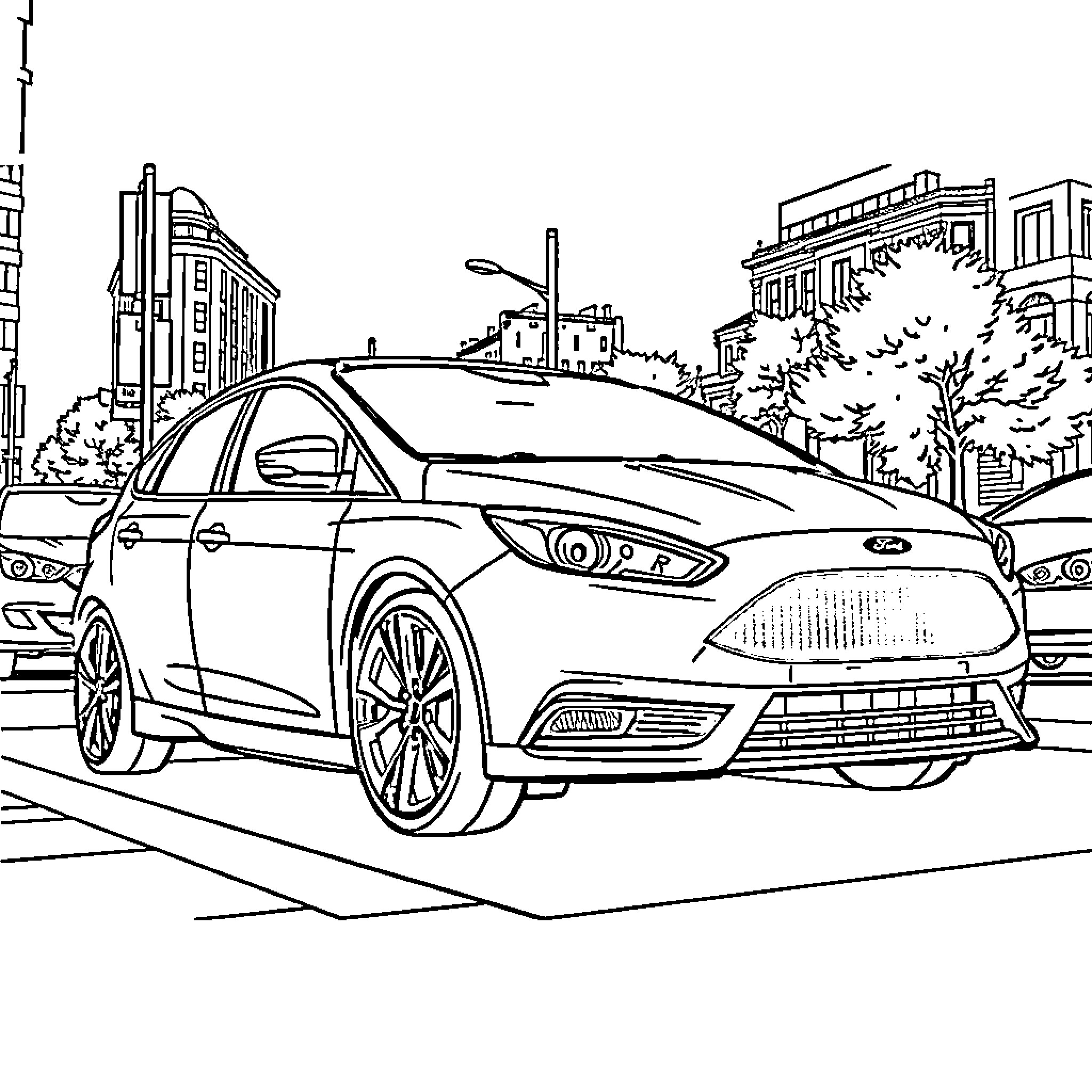 Ford Focus parked on city street Coloring Page (free black-and-white line drawing printable PDF for all, from beginners to advanced learners, including children, teens, adults, and seniors)