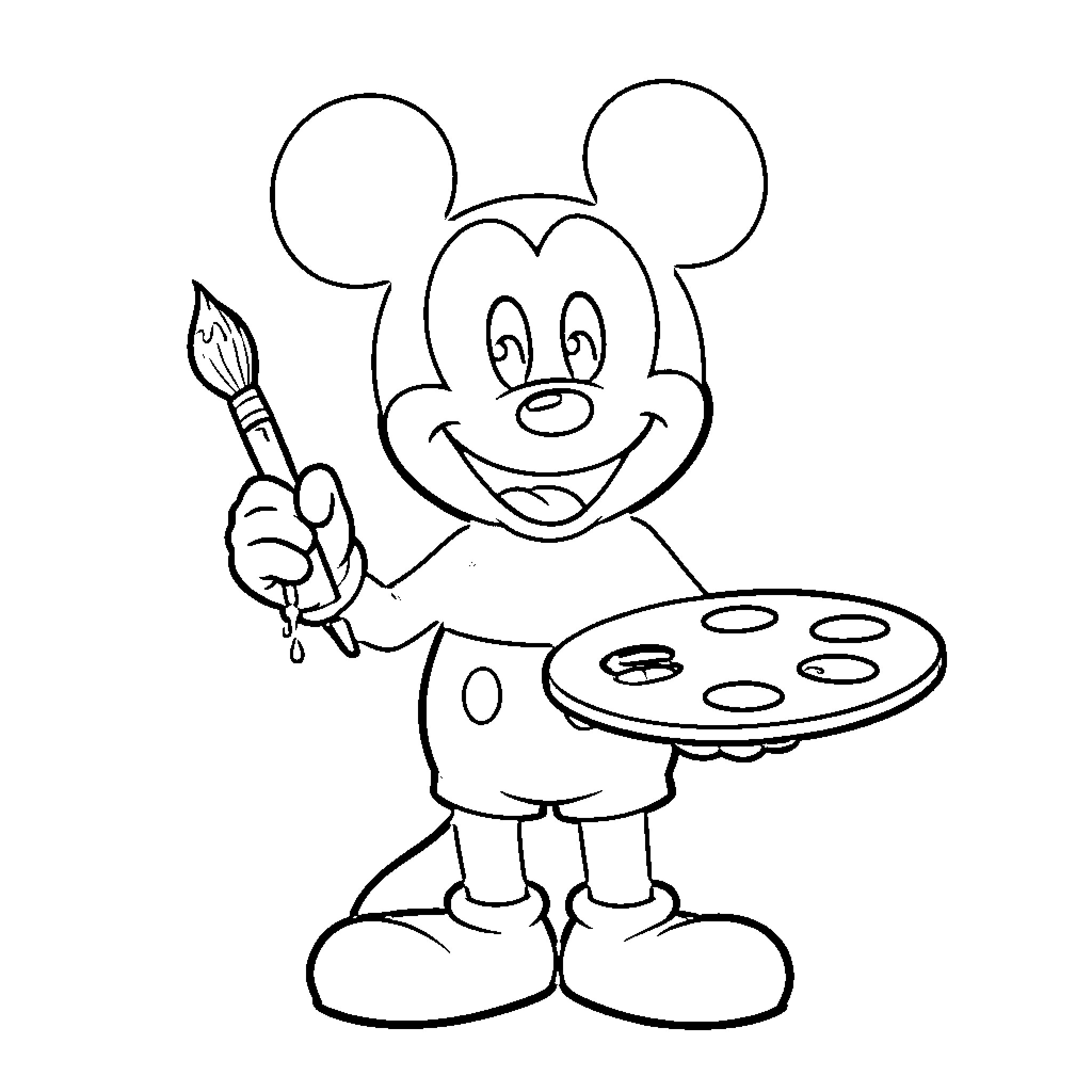 Mickey Mouse holding a paintbrush and palette smiling Coloring Page (free black-and-white line drawing printable PDF for all, from beginners to advanced learners, including children, teens, adults, and seniors)