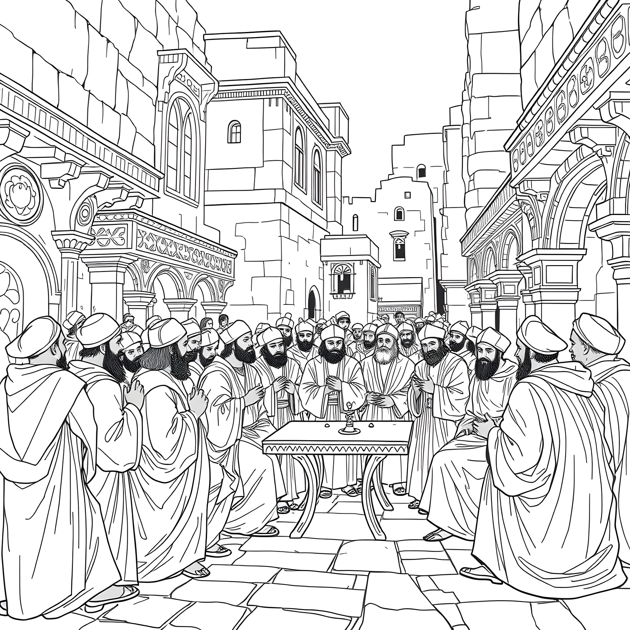 Pharisee Gathering in an Ornate Religious Setting Coloring Page (free black-and-white line drawing printable PDF for all, from beginners to advanced learners, including children, teens, adults, and seniors)