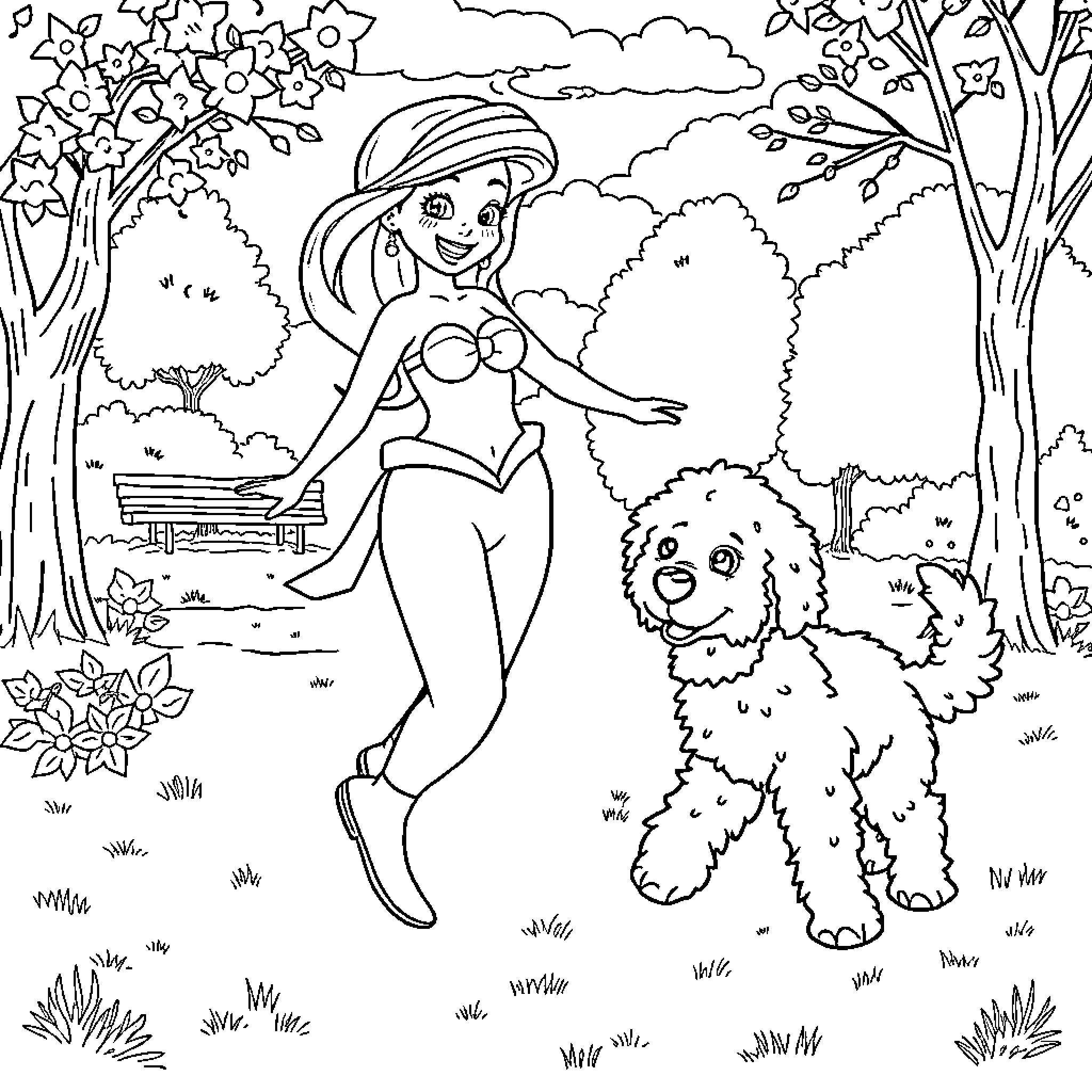 Girl dancing joyfully with her pet dog in the park Coloring Page (free black-and-white line drawing printable PDF for all, from beginners to advanced learners, including children, teens, adults, and seniors)