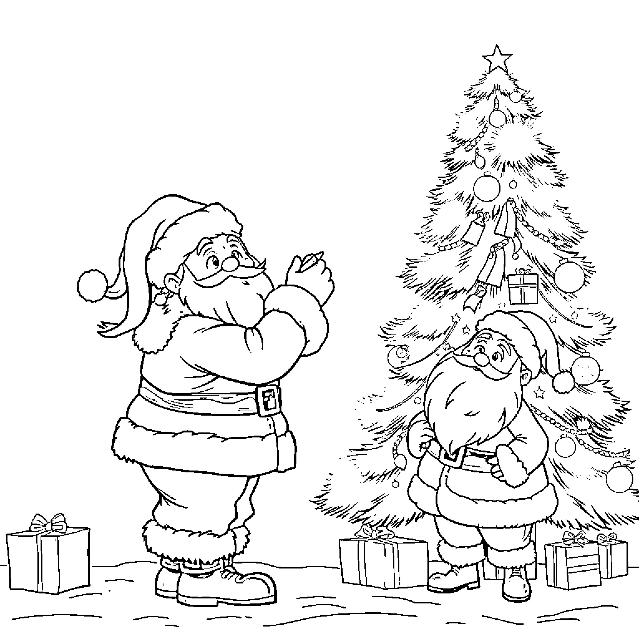 Santa Claus Joyfully Decorating Christmas Tree with Helpers Coloring Page (free black-and-white line drawing printable PDF for all, from beginners to advanced learners, including children, teens, adults, and seniors)