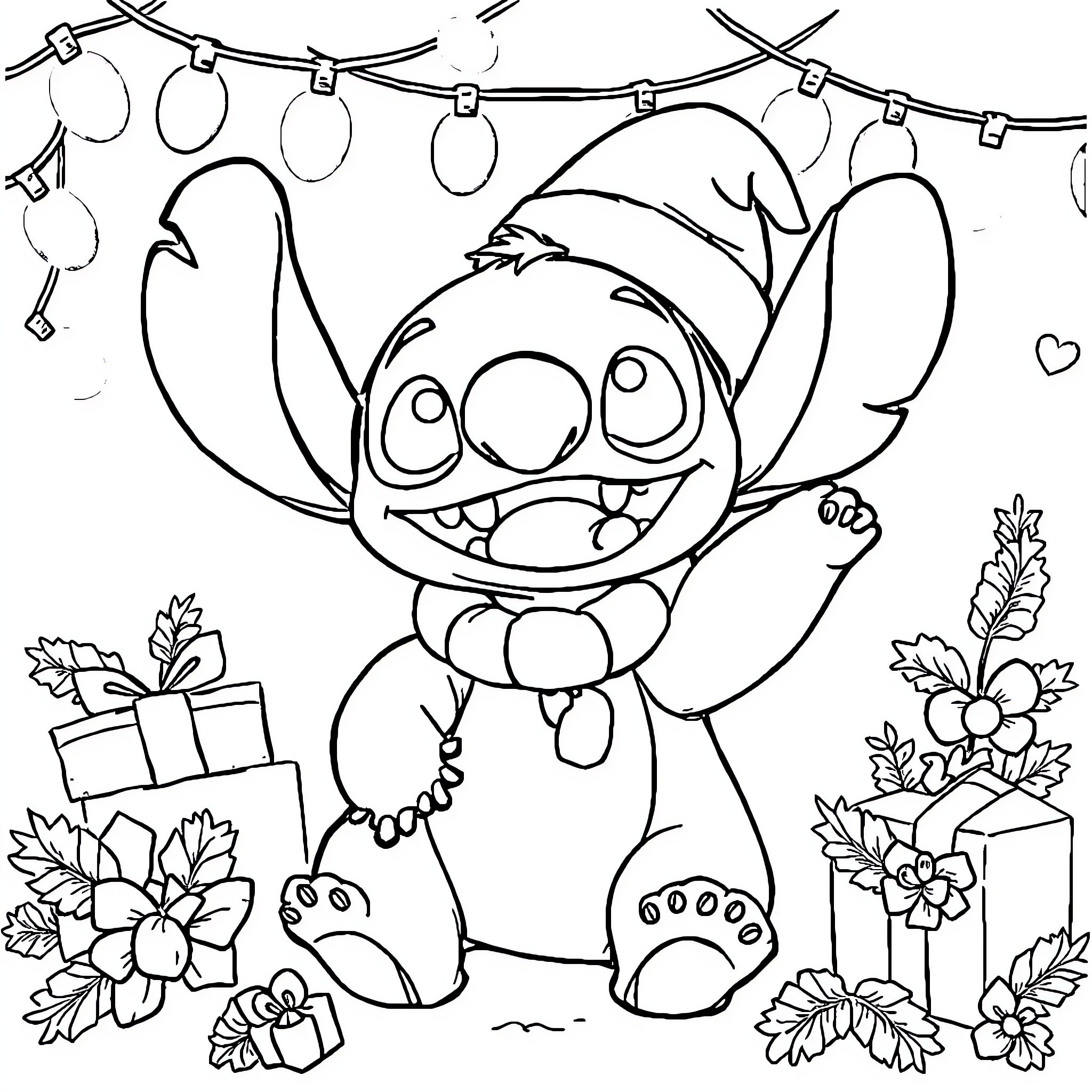 Stitch enjoying festive decorations and gifts Coloring Page (free black-and-white line drawing printable PDF for all, from beginners to advanced learners, including children, teens, adults, and seniors)