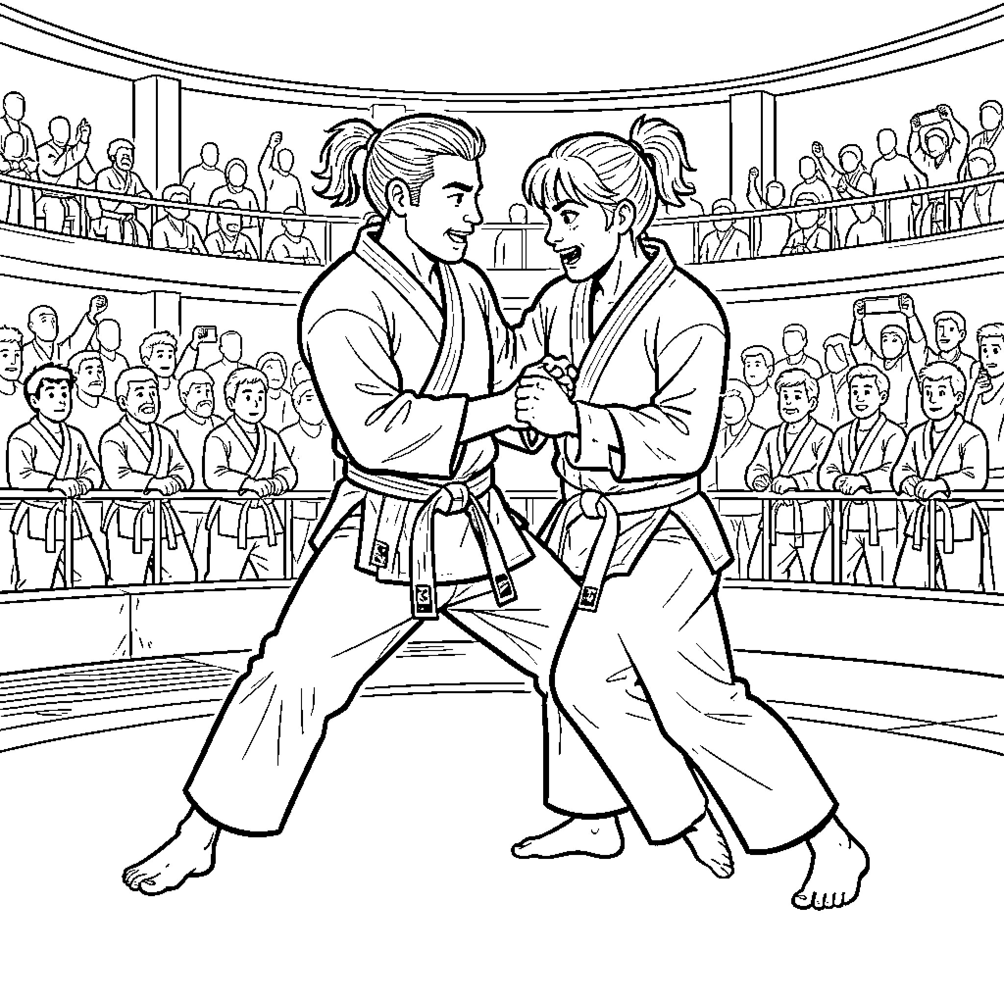 Judo practitioners competing intensely in a crowded arena Coloring Page (free black-and-white line drawing printable PDF for all, from beginners to advanced learners, including children, teens, adults, and seniors)