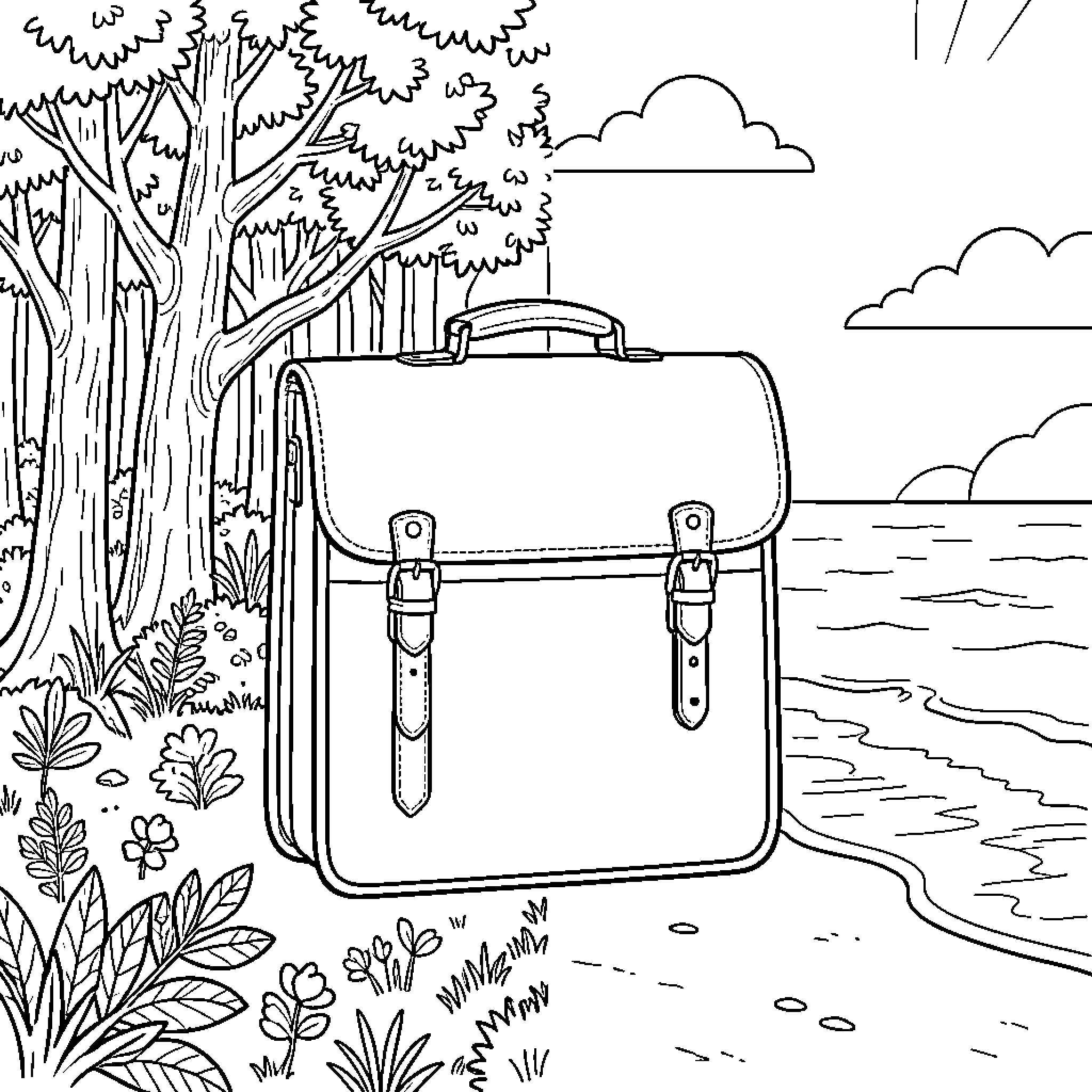 Cartable sitting on a beach near the forest Coloring Page (free black-and-white line drawing printable PDF for all, from beginners to advanced learners, including children, teens, adults, and seniors)
