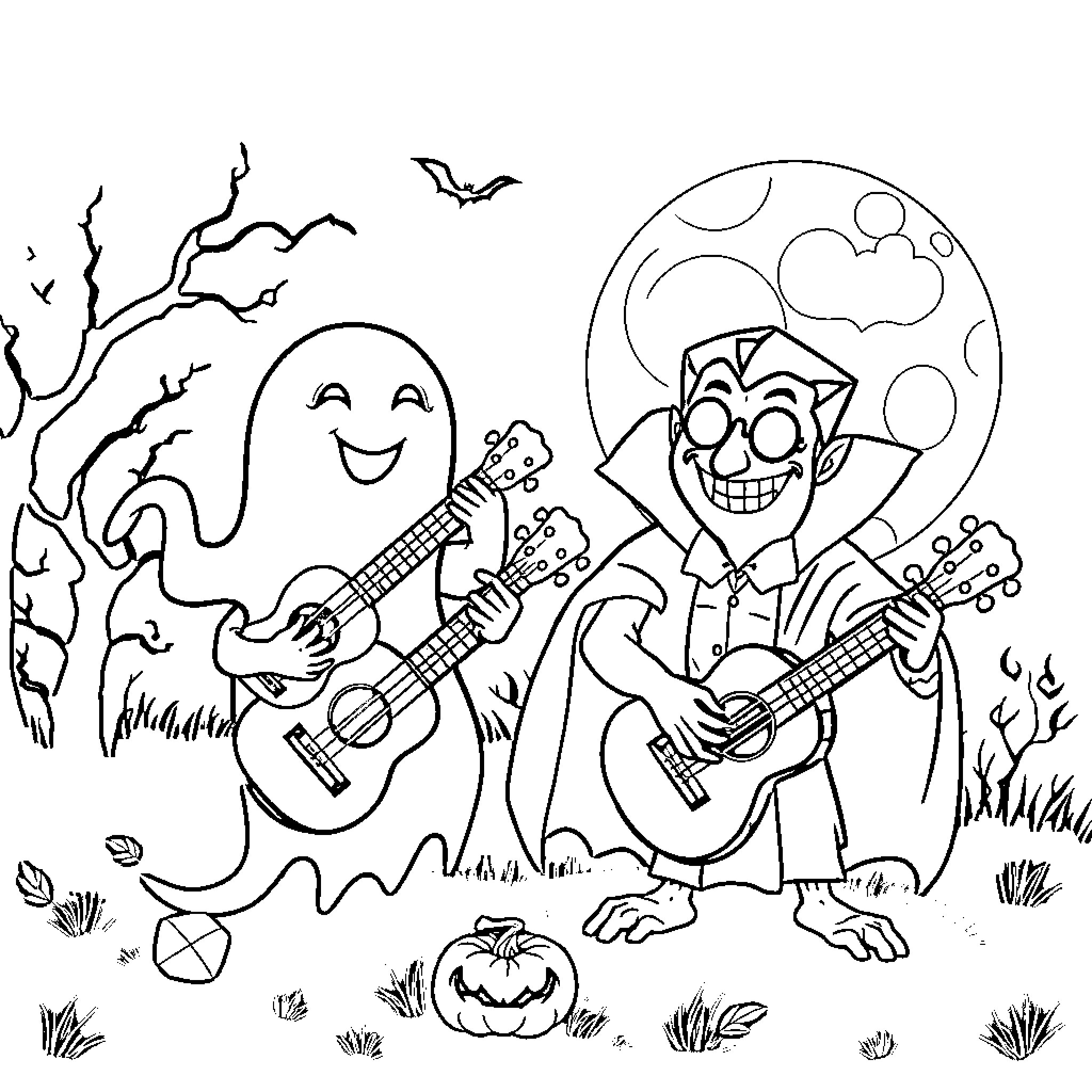 Monster musicians playing guitars under the moonlight Coloring Page (free black-and-white line drawing printable PDF for all, from beginners to advanced learners, including children, teens, adults, and seniors)