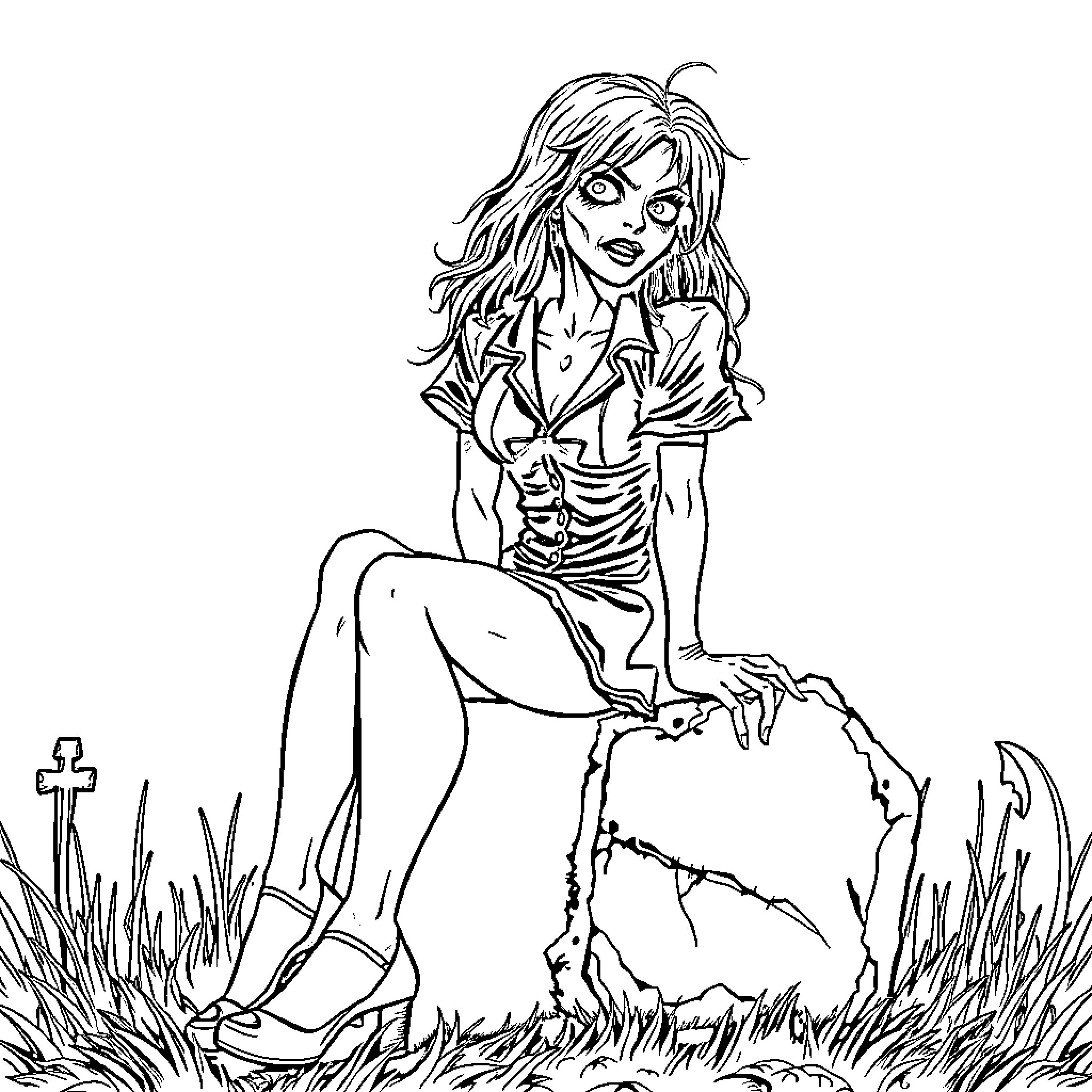 Zombie Girl Emerging from Grave Coloring Page (free black-and-white line drawing printable PDF for all, from beginners to advanced learners, including children, teens, adults, and seniors)
