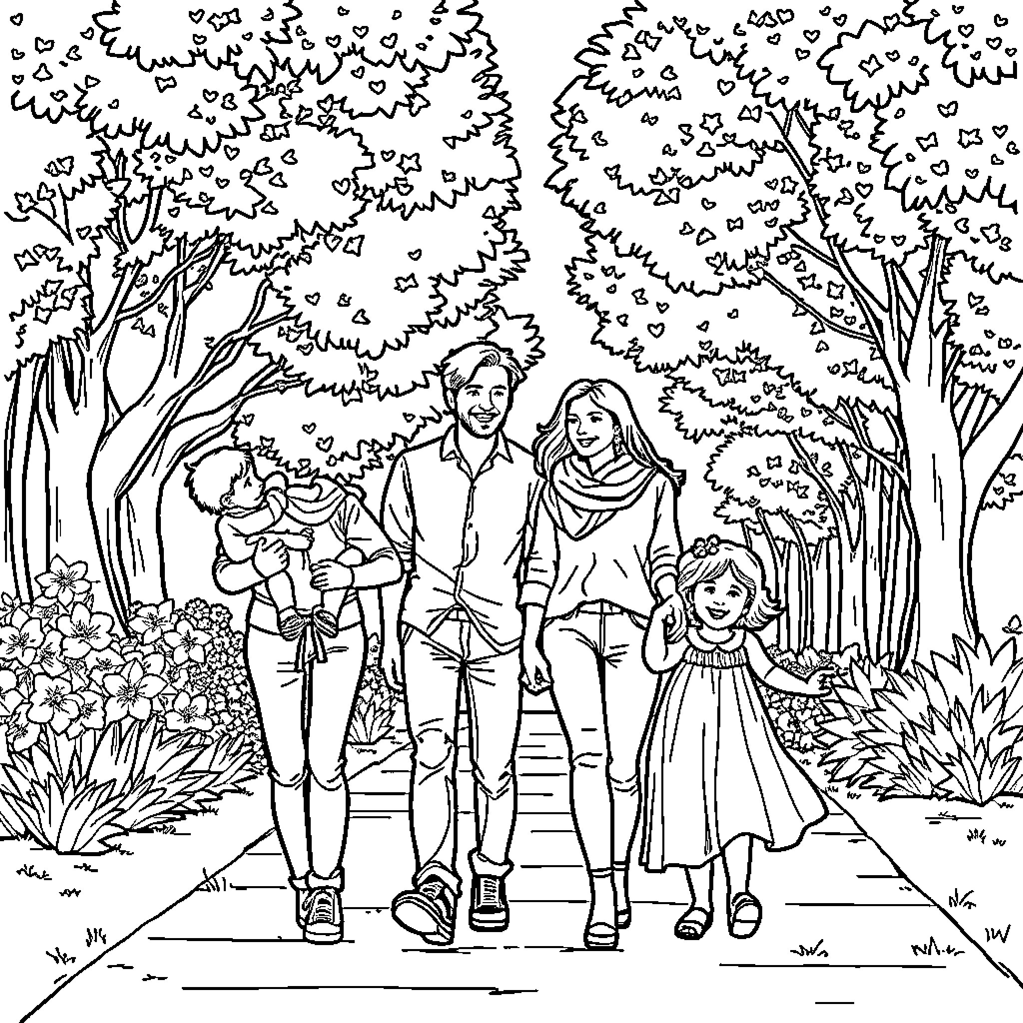 Couple Enjoys a Peaceful Walk in the Park Coloring Page (free black-and-white line drawing printable PDF for all, from beginners to advanced learners, including children, teens, adults, and seniors)
