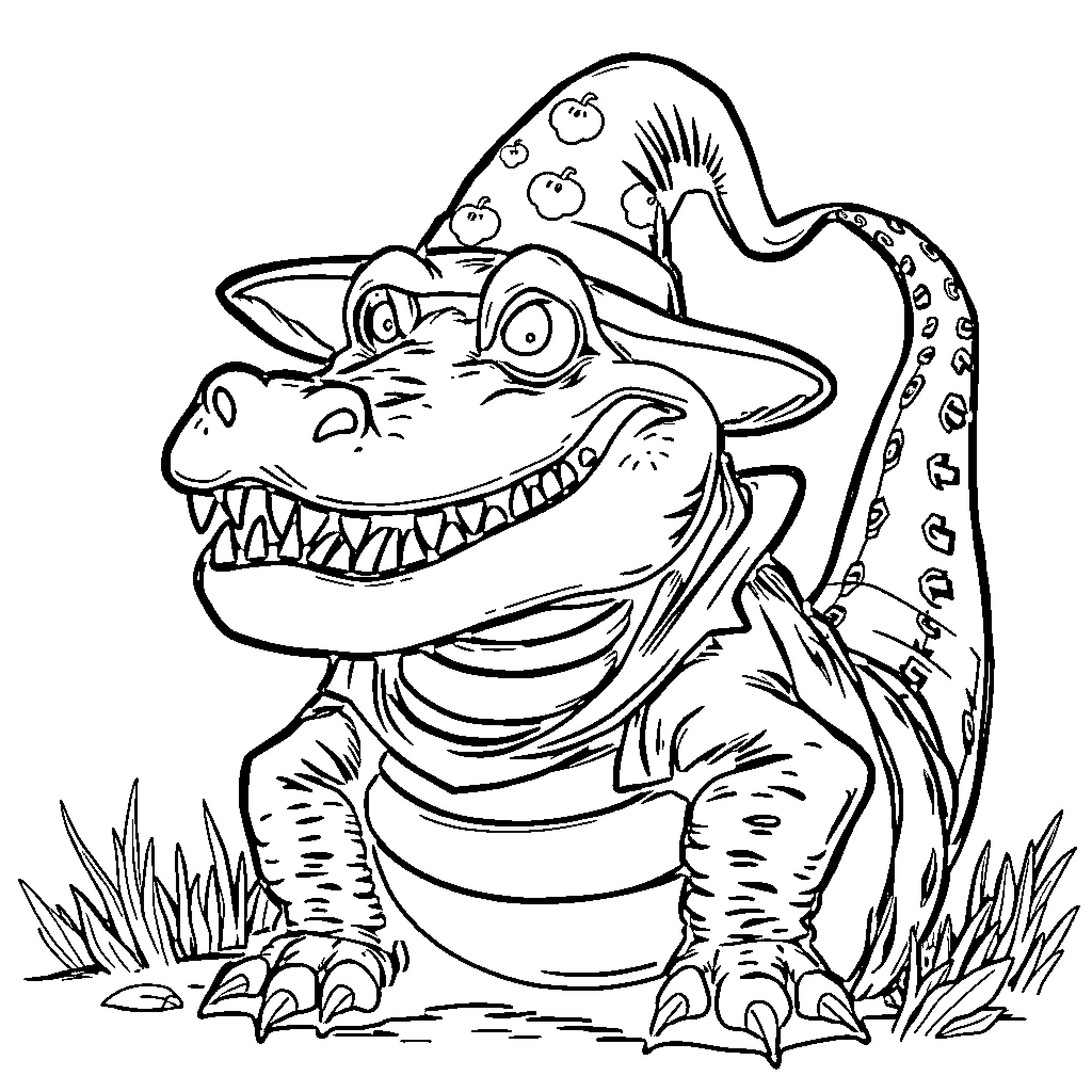 Alligator wearing a comical pirate hat Coloring Page (free black-and-white line drawing printable PDF for all, from beginners to advanced learners, including children, teens, adults, and seniors)