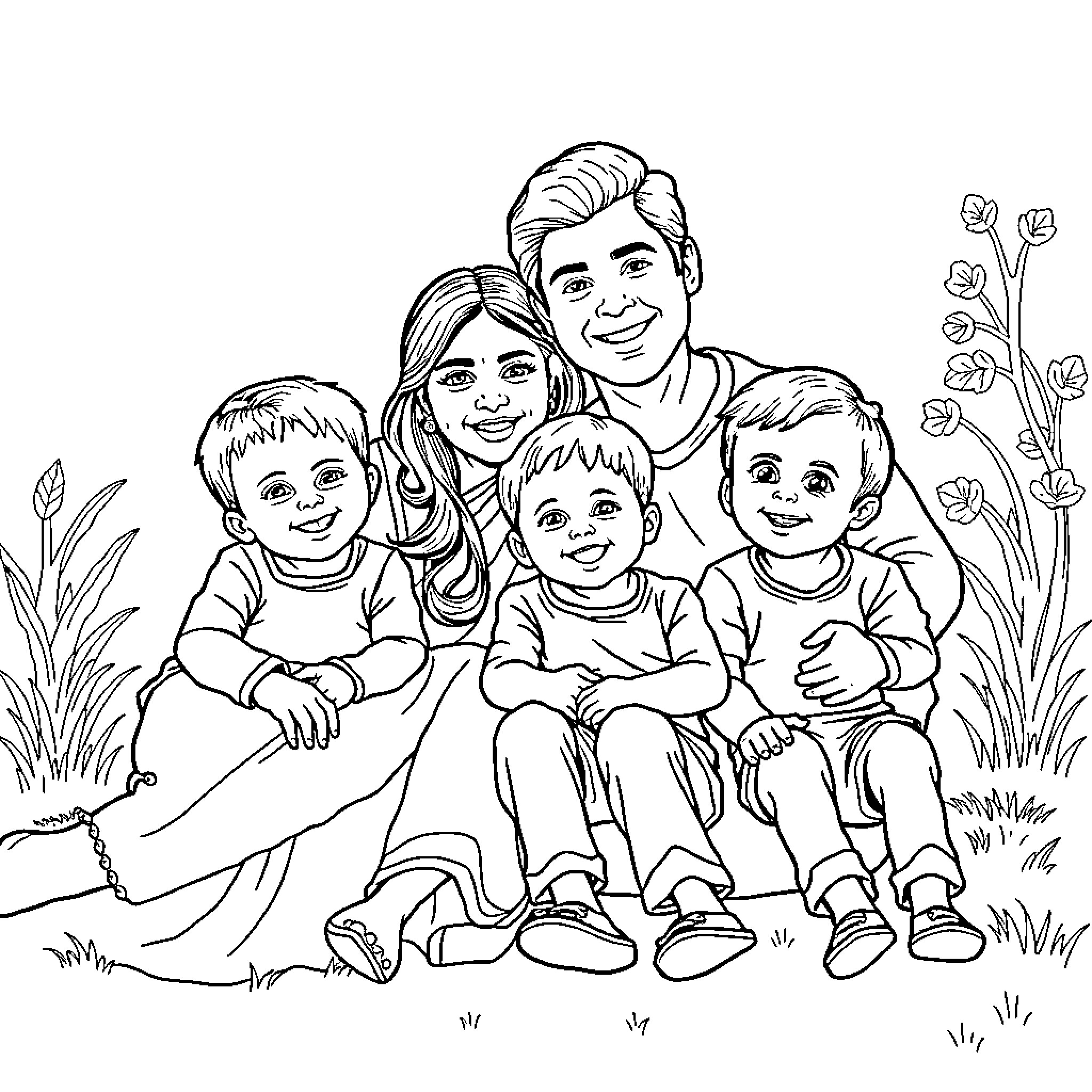 Family enjoying a peaceful outdoor moment Coloring Page (free black-and-white line drawing printable PDF for all, from beginners to advanced learners, including children, teens, adults, and seniors)
