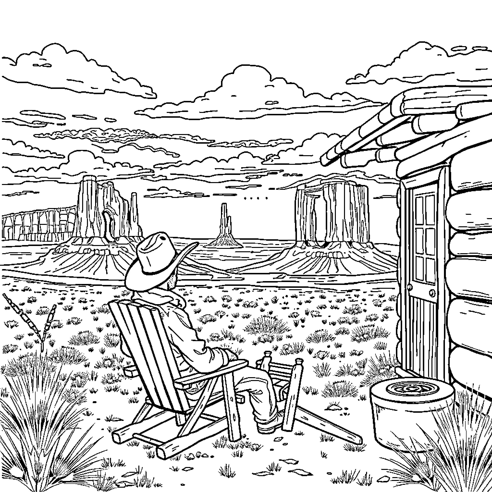 Cowboy relaxing in the scenic desert landscape Coloring Page (free black-and-white line drawing printable PDF for all, from beginners to advanced learners, including children, teens, adults, and seniors)
