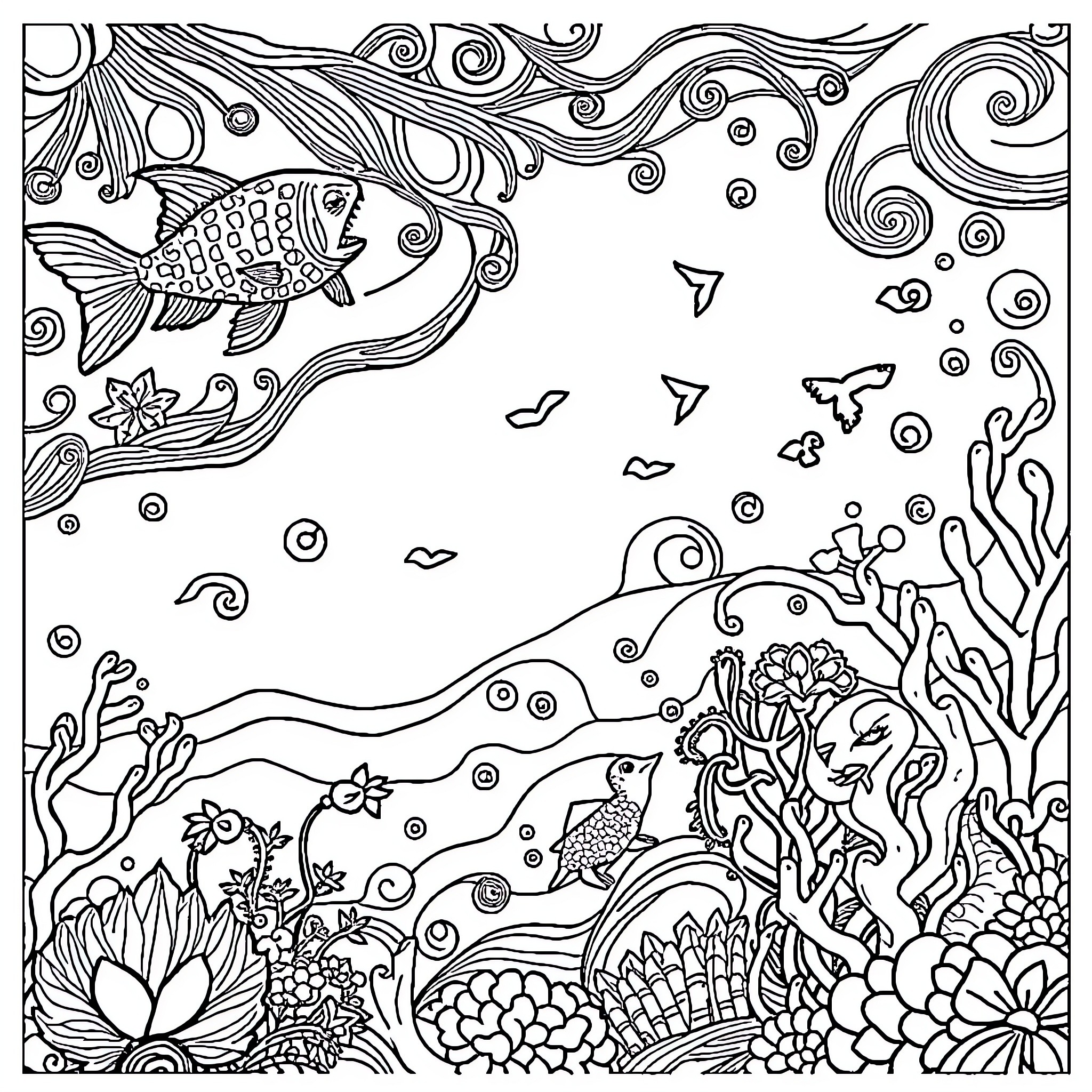 Marine Underwater Realm with Vibrant Sea Life Coloring Page (free black-and-white line drawing printable PDF for all, from beginners to advanced learners, including children, teens, adults, and seniors)