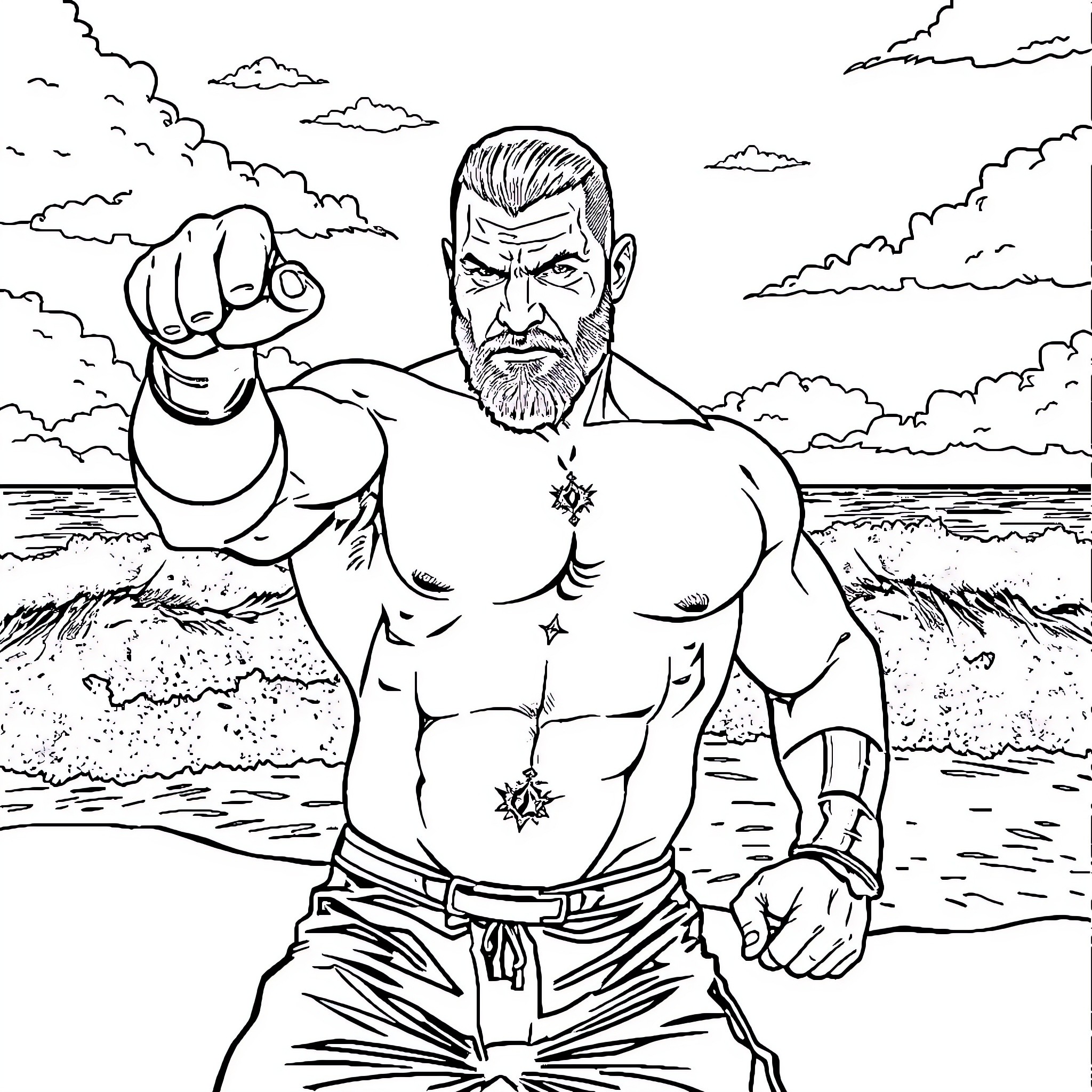 Randy Orton standing defiantly on the beach Coloring Page (free black-and-white line drawing printable PDF for all, from beginners to advanced learners, including children, teens, adults, and seniors)