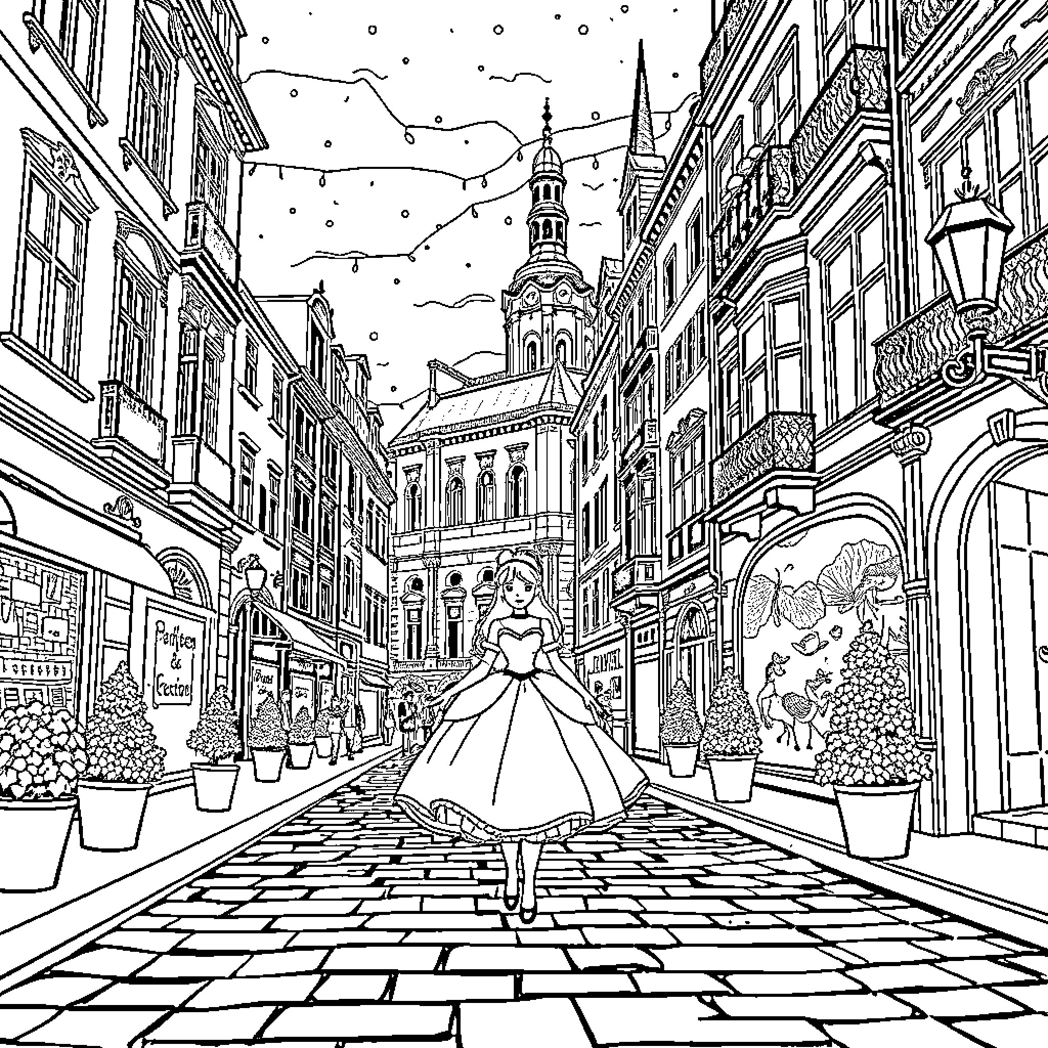 Cinderella's Enchanted City Stroll Coloring Page (free black-and-white line drawing printable PDF for all, from beginners to advanced learners, including children, teens, adults, and seniors)