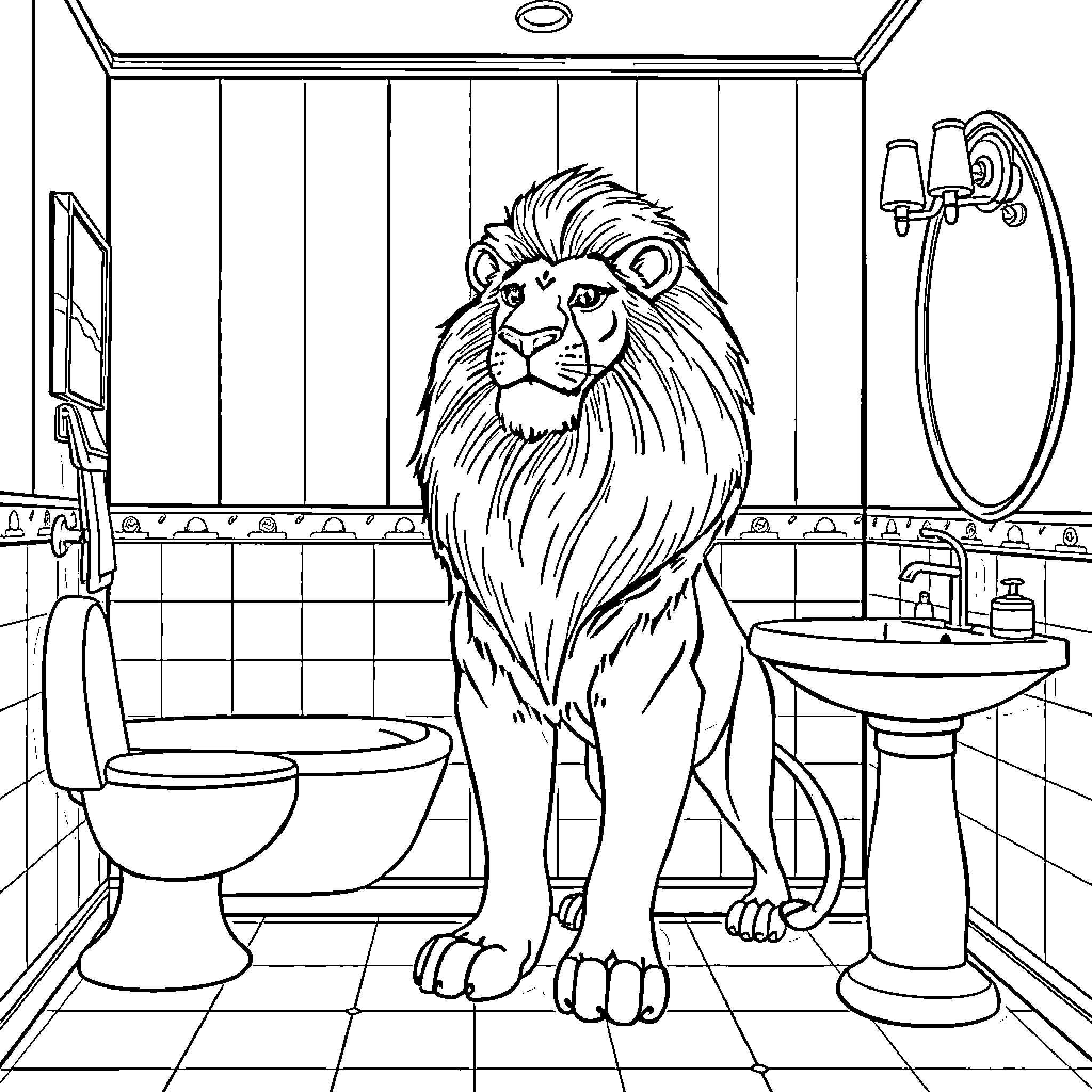 Lion taking a bath in the bathroom Coloring Page (free black-and-white line drawing printable PDF for all, from beginners to advanced learners, including children, teens, adults, and seniors)