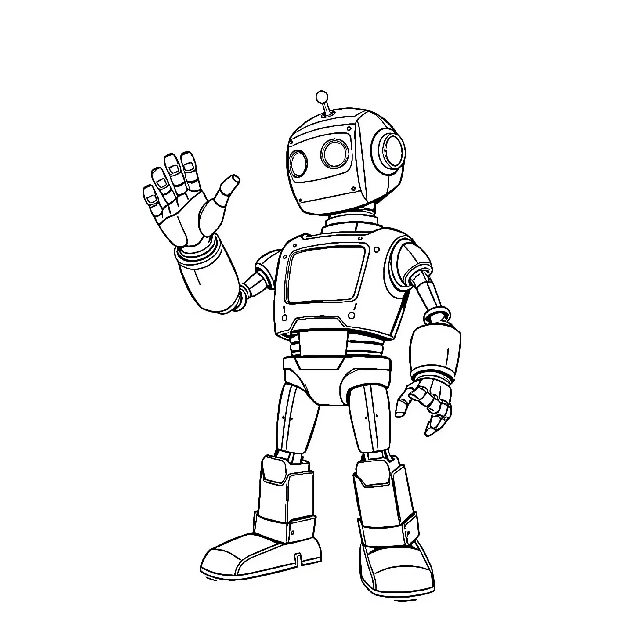 Robot waving and greeting cheerfully Coloring Page (free black-and-white line drawing printable PDF for all, from beginners to advanced learners, including children, teens, adults, and seniors)