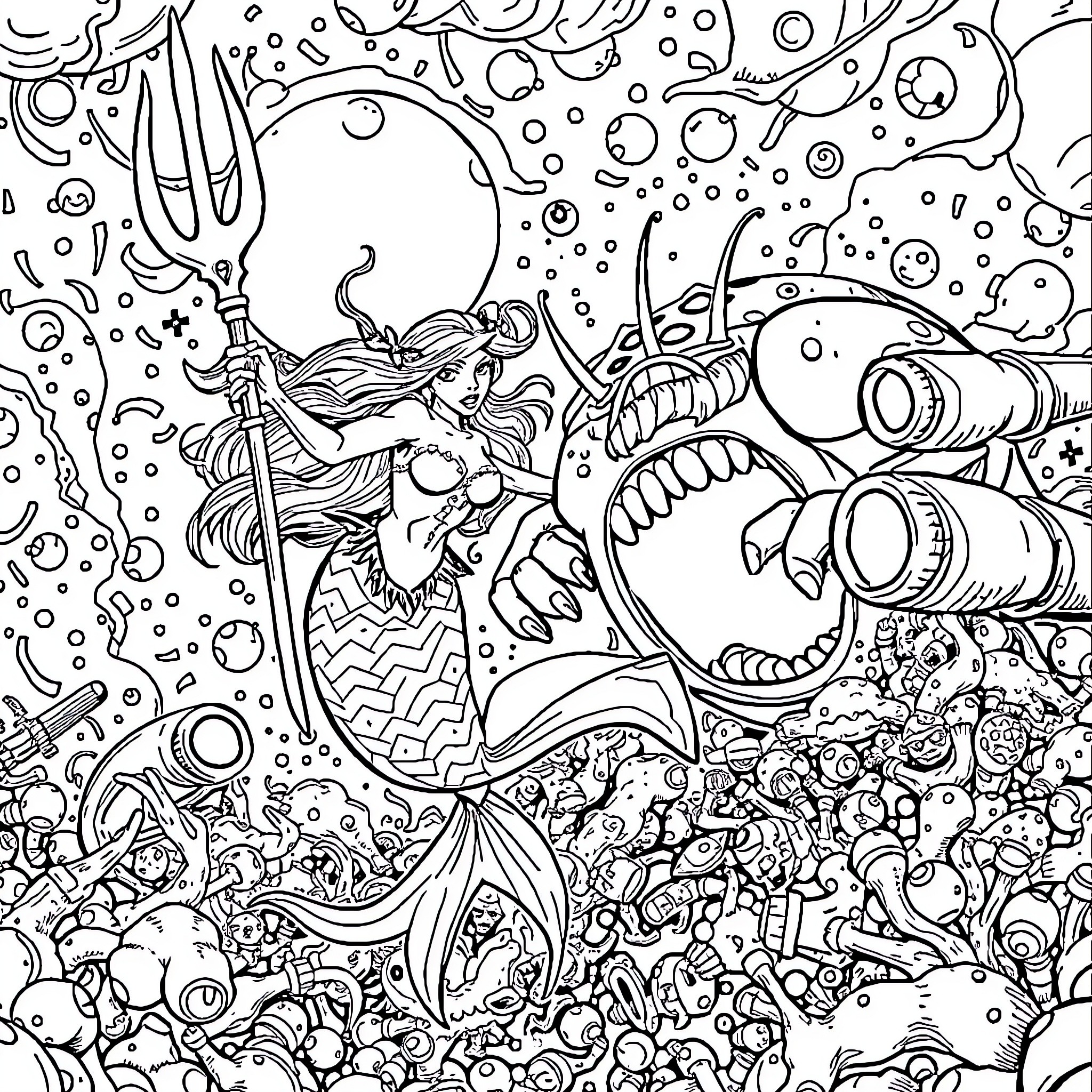 Siren commanding the underwater kingdom Coloring Page (free black-and-white line drawing printable PDF for all, from beginners to advanced learners, including children, teens, adults, and seniors)