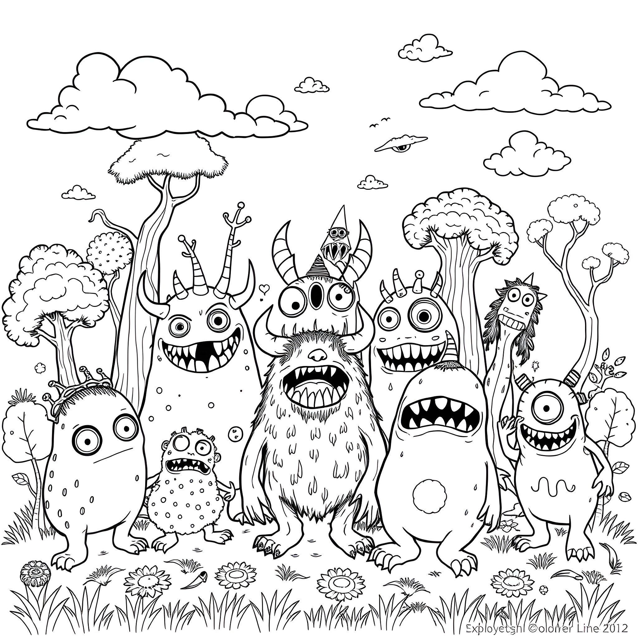 Monster family having fun in the whimsical forest Coloring Page (free black-and-white line drawing printable PDF for all, from beginners to advanced learners, including children, teens, adults, and seniors)