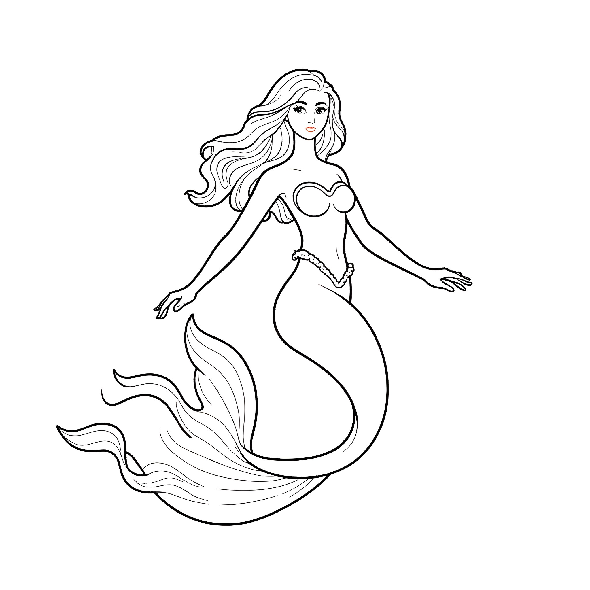 Mermaid with flowing hair and graceful pose Coloring Page (free black-and-white line drawing printable PDF for all, from beginners to advanced learners, including children, teens, adults, and seniors)