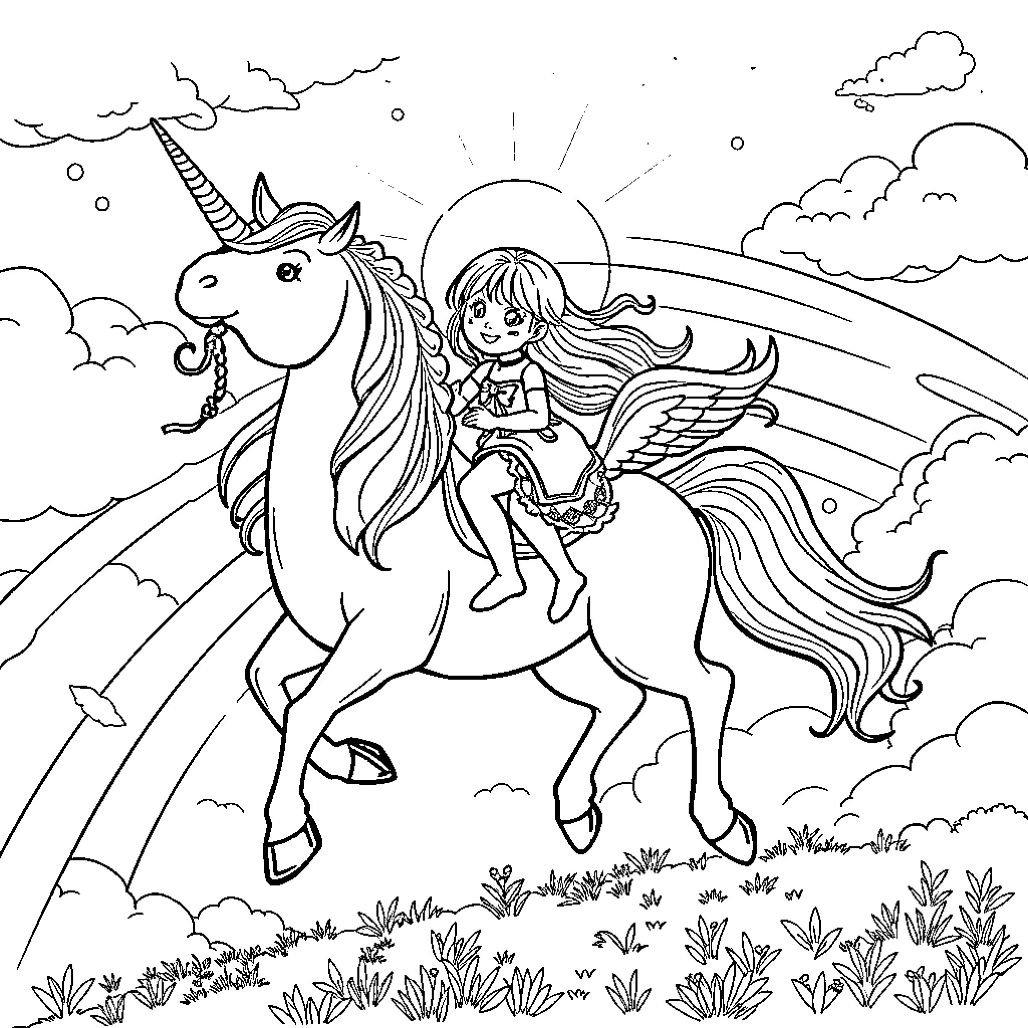 Girl riding a majestic unicorn in a magical landscape Coloring Page (free black-and-white line drawing printable PDF for all, from beginners to advanced learners, including children, teens, adults, and seniors)