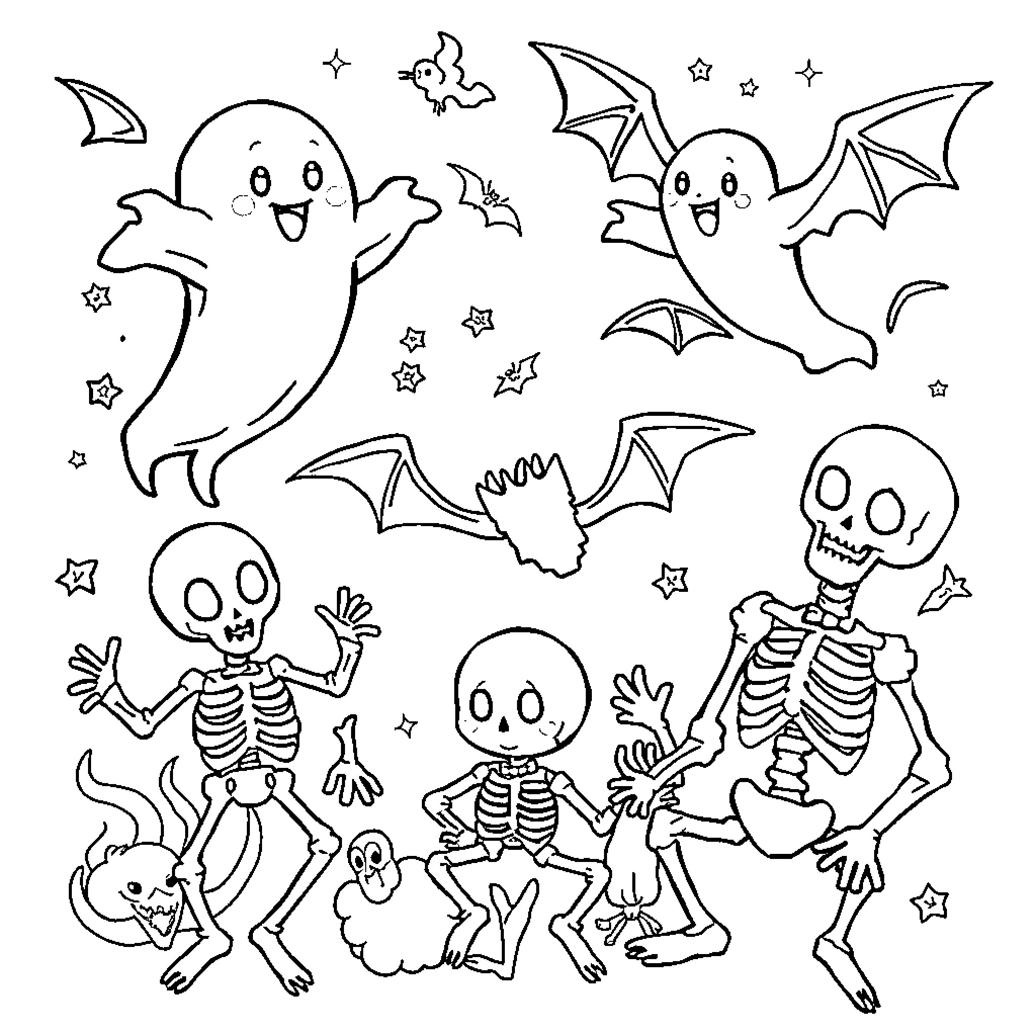 Tattoo of playful ghosts and skeletons in Halloween scene Coloring Page (free black-and-white line drawing printable PDF for all, from beginners to advanced learners, including children, teens, adults, and seniors)