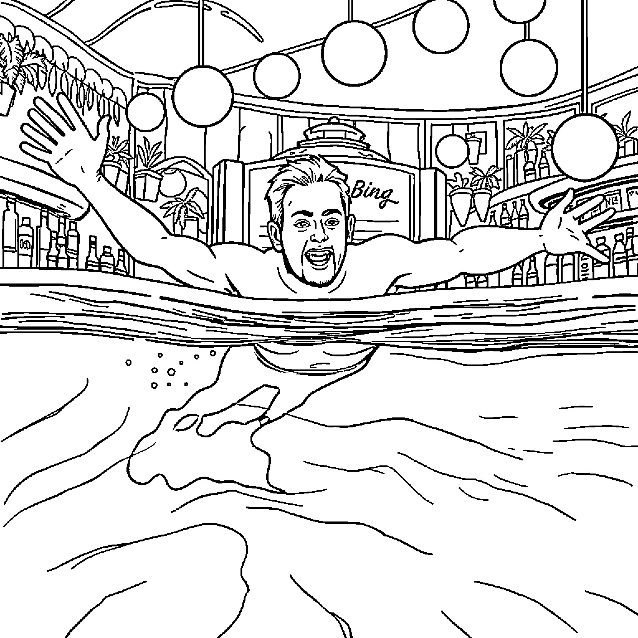 Barman enjoying a swim in a vibrant, festive pool Coloring Page (free black-and-white line drawing printable PDF for all, from beginners to advanced learners, including children, teens, adults, and seniors)