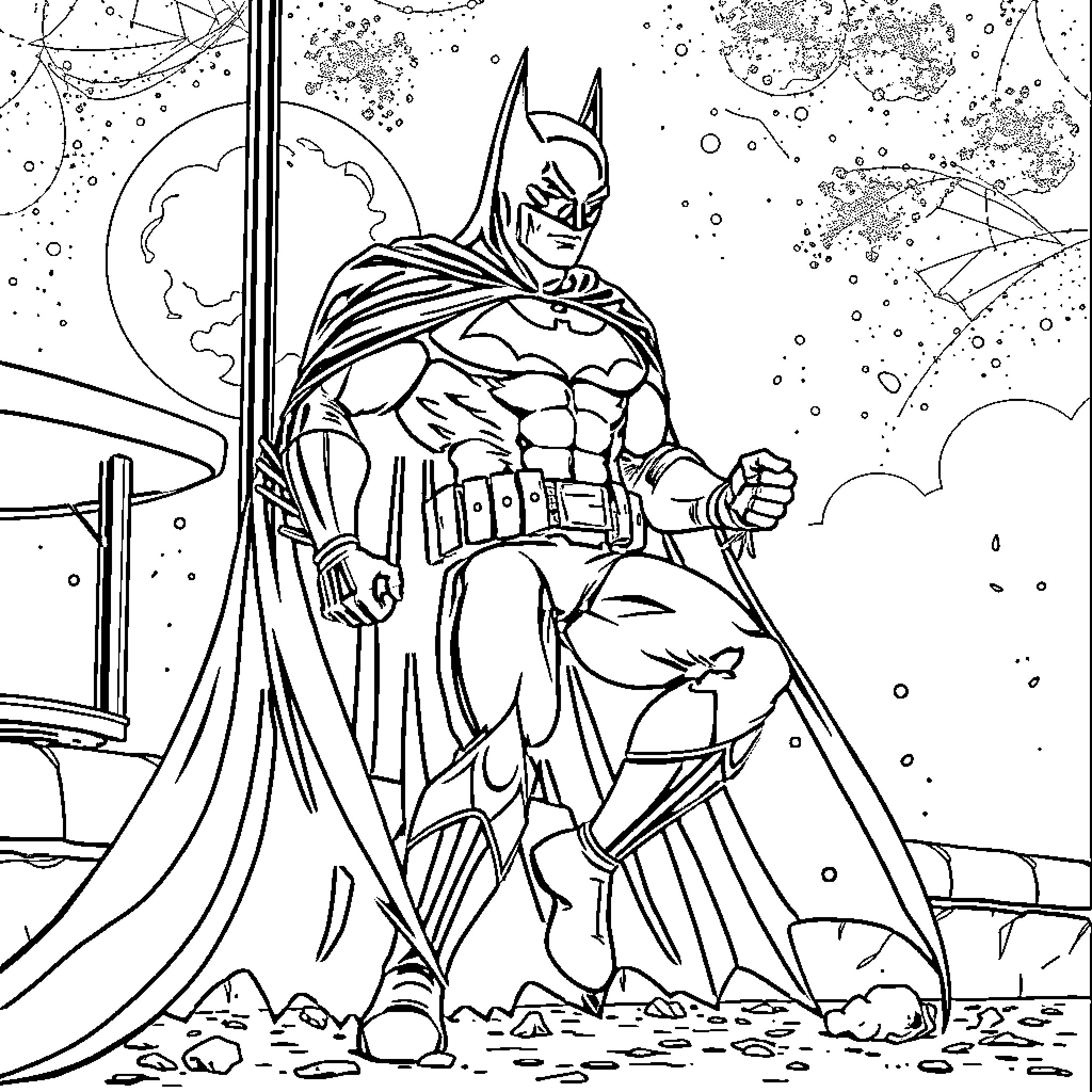 Batman on patrol in the dark night Coloring Page (free black-and-white line drawing printable PDF for all, from beginners to advanced learners, including children, teens, adults, and seniors)