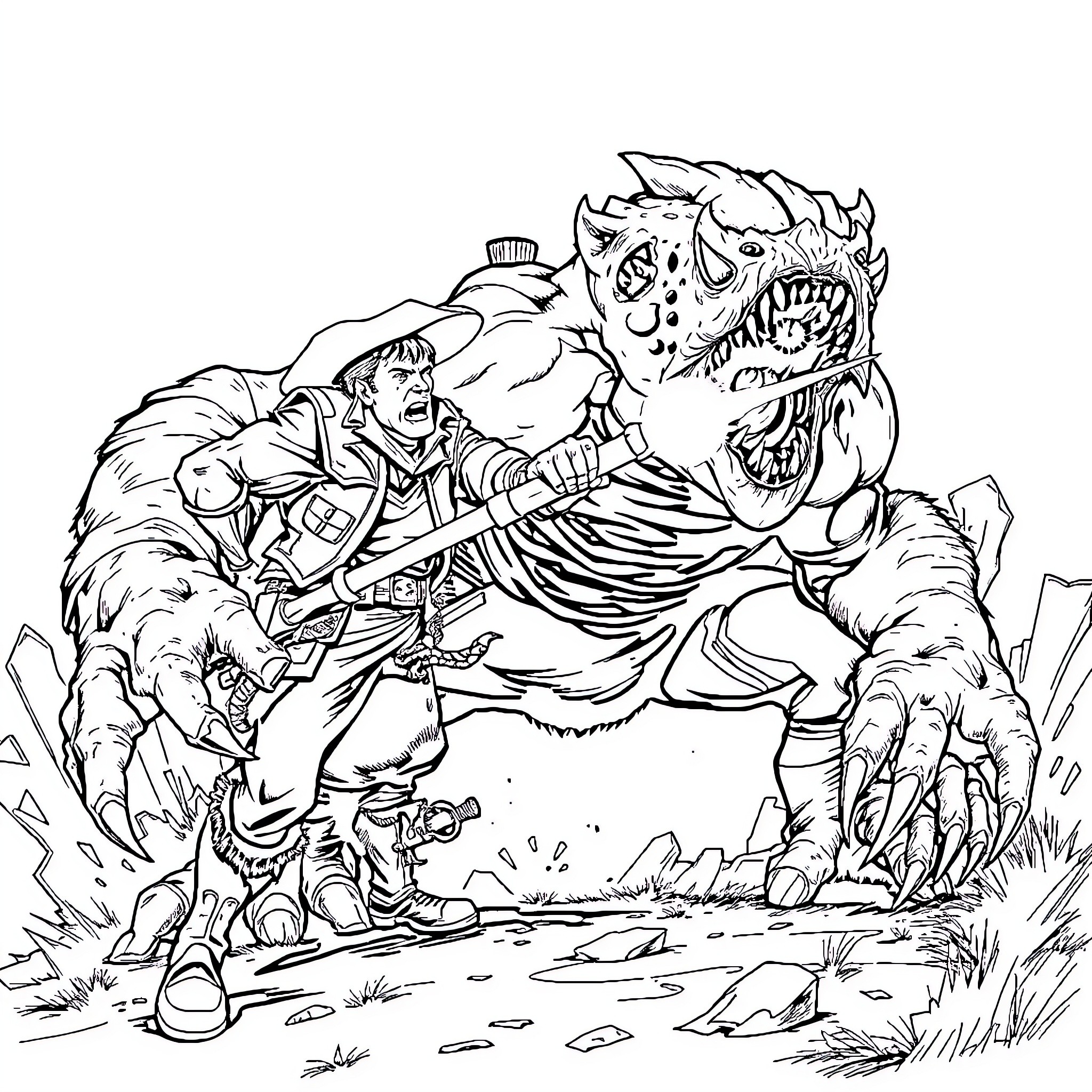 Cowboy battling a monstrous creature in the wild Coloring Page (free black-and-white line drawing printable PDF for all, from beginners to advanced learners, including children, teens, adults, and seniors)