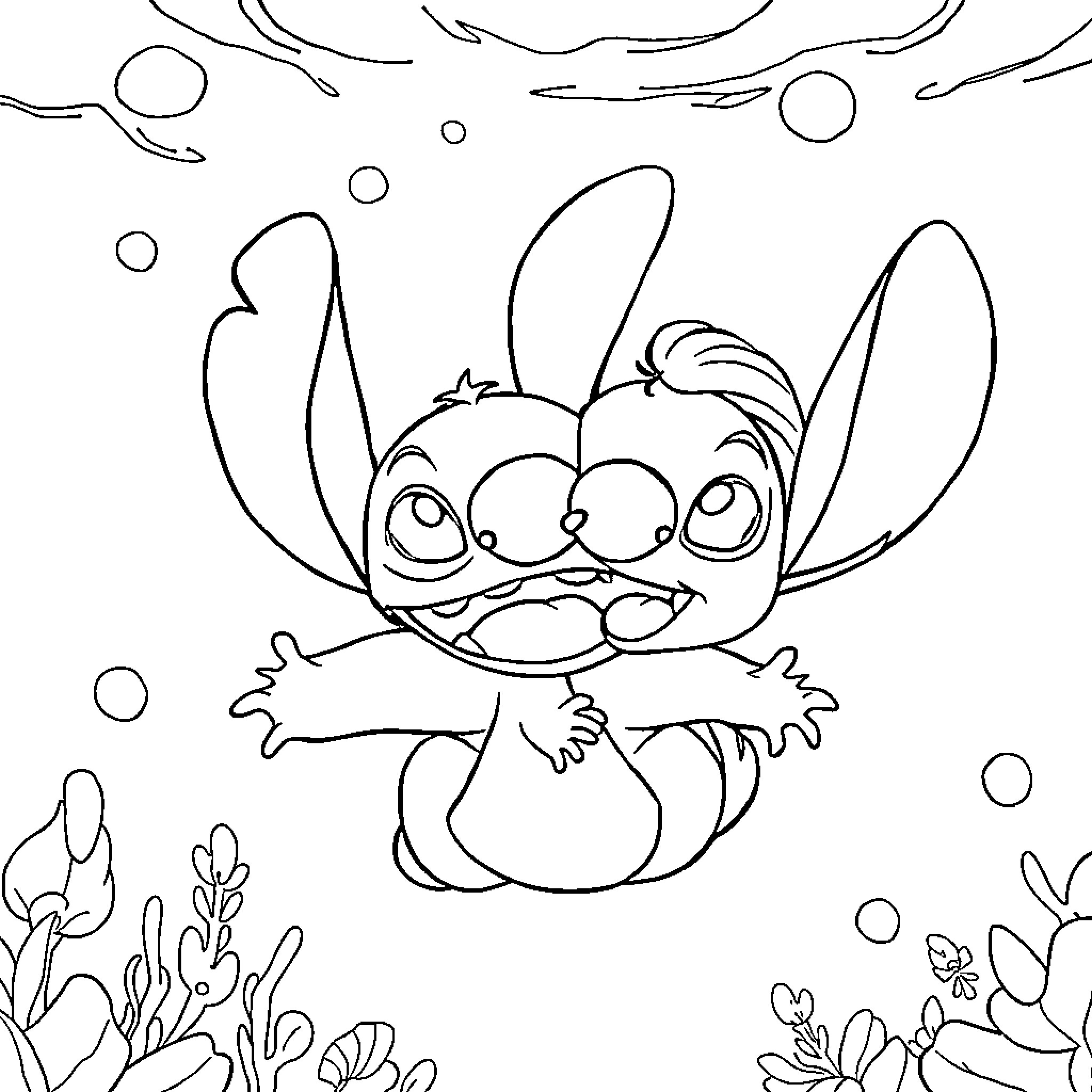 Stitch swimming joyfully underwater Coloring Page (free black-and-white line drawing printable PDF for all, from beginners to advanced learners, including children, teens, adults, and seniors)