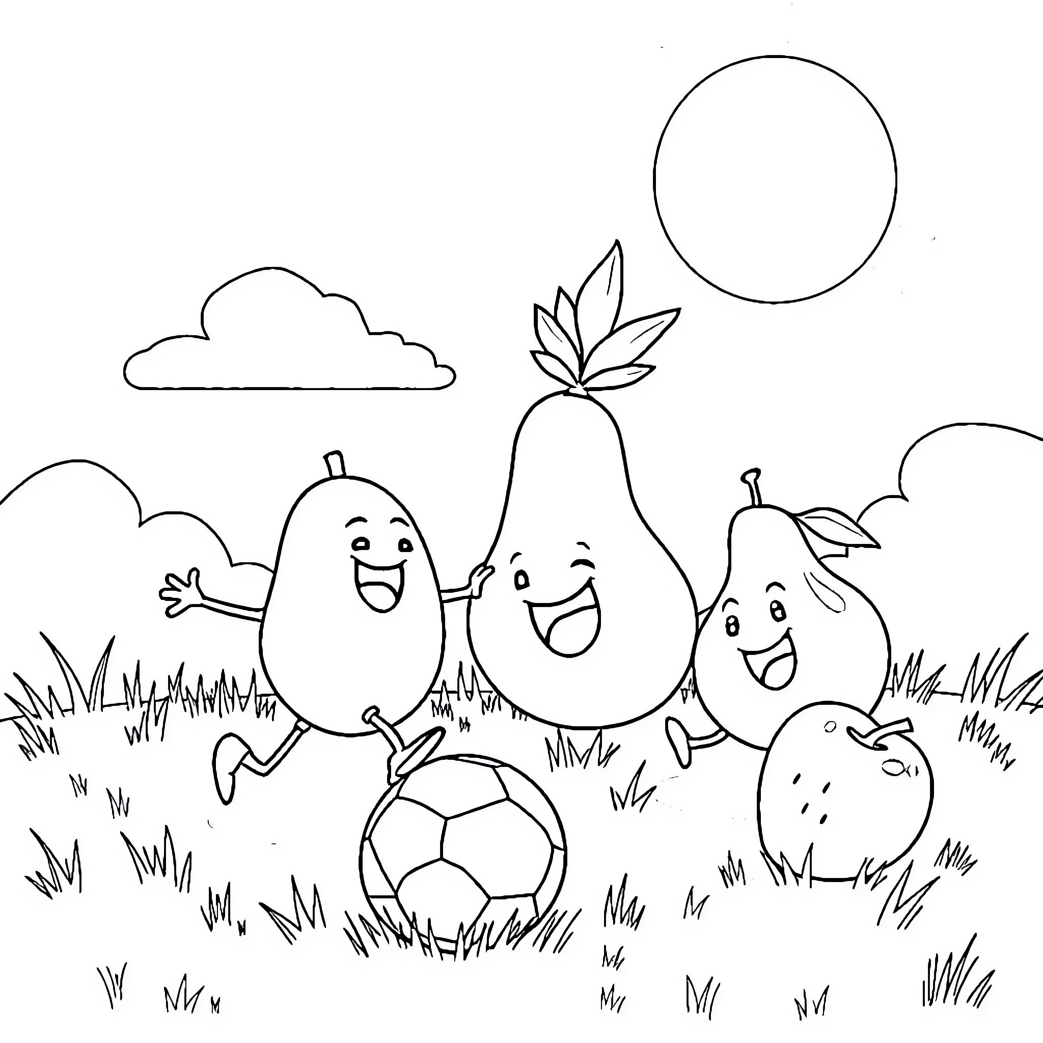 Fruit characters playing happily together outdoors Coloring Page (free black-and-white line drawing printable PDF for all, from beginners to advanced learners, including children, teens, adults, and seniors)
